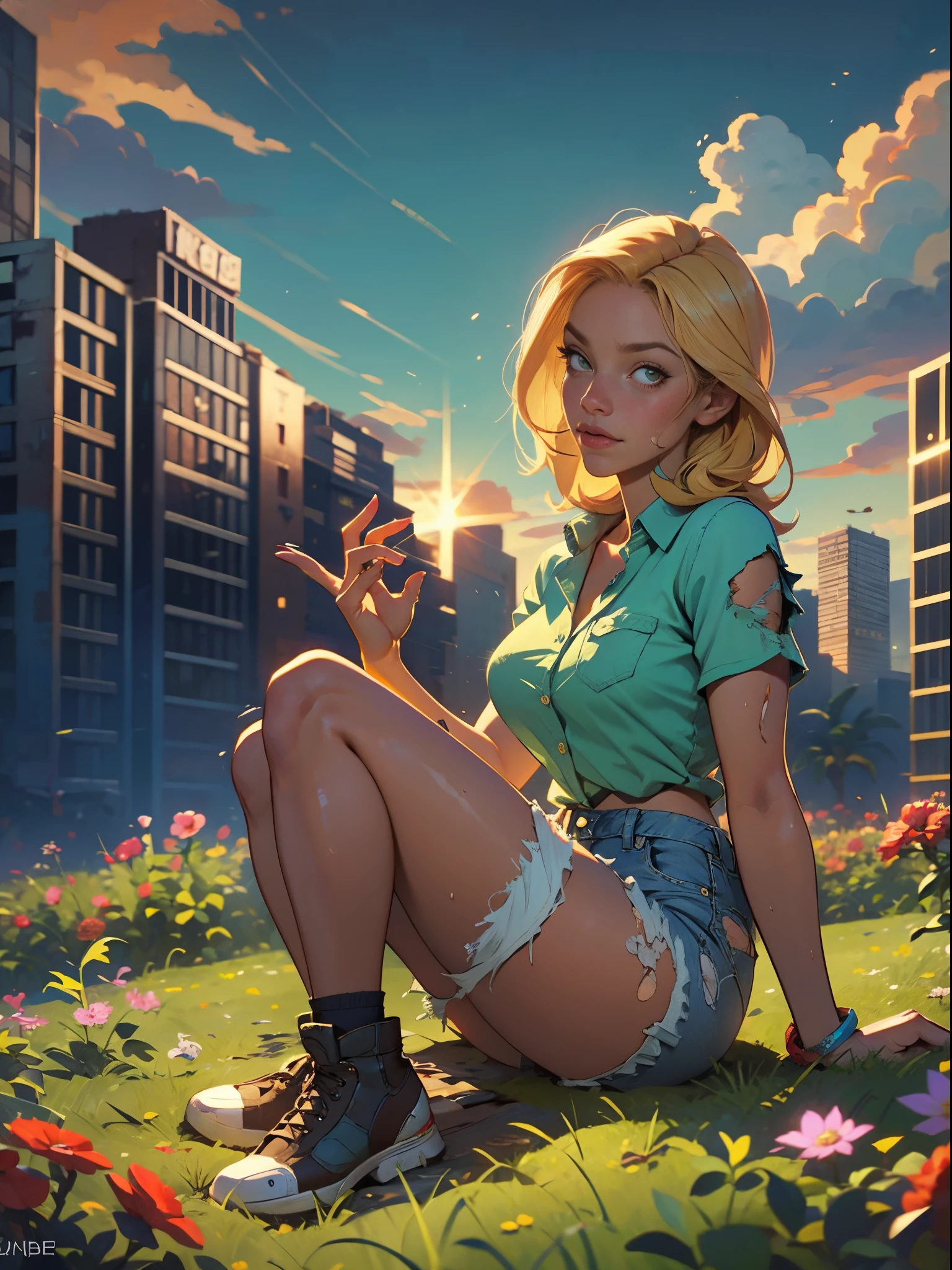 2076 year. The Urban Ruins of the Wasteland, Female huntress picking in the garden, beautiful face, blonde, badly torn shirt,  long legs, sweating through, sun rising, Nice warm colors, head to toe, full body shot, pretty hands, perfect fingers, Marine blue eyes, Full body, naked, pussy view, trimmed hairy pussy, spread legs, low-shot picture, braided hair, blonde trimmed pussy hair