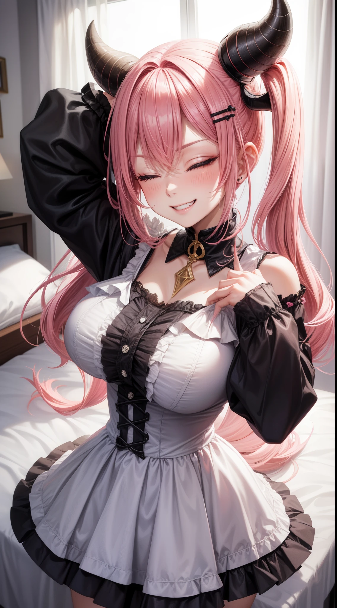 1girl, pink hair, long hair,  hd quality, 4k, 8k,,eyes, face, , evil, dark, face closeup, face, evil smirk, fangs,in a cute bedroom on the bed,und, face close up. dominant, dark, sideways, sideview, villain, hair clip,black horns, large breasts, twin tails, evilgrin, huge breasts, wink, one eye closed, eye wink, pink, hair clip,