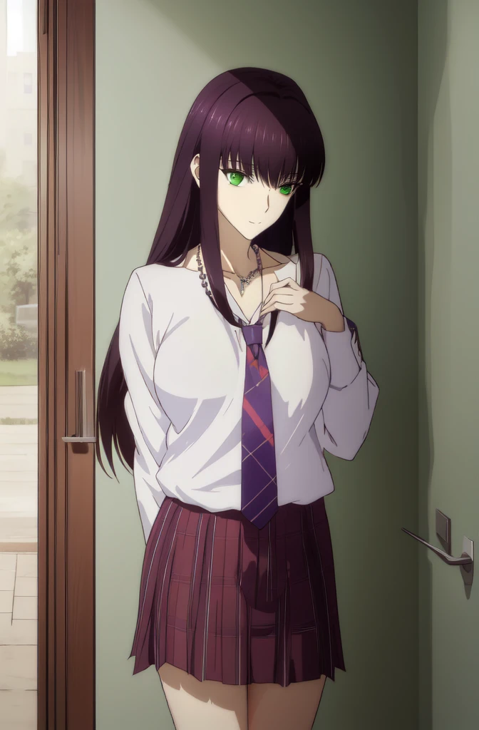 Connect UHD with 8K, hight resolution,Very detailed CG, High quality shadows, Detail Beautiful delicate face, Detail Beautiful delicate eyes,BREAK(Very detailed 8k wallpaper),(Highly detailed CG 8K wallpaper),Makima (chain saw man),Sukasaha (Fate/grand order),Shimohira Reihua ,Hi-Res,Very delicate and beautiful CG illustration,top-quality,Realistic skin feeling,Realistic fabric,Realistic texture,beautiful thigh,big breasts thin waist,(((masutepiece))), (((Best Quality))),8K,32K,masterpiece,beautiful alluring anime woman,ultra-definition,ultra-detailliert,hight resolution,a hyperrealistic schoolgirl,masuter piece, Best Quality, High quality, High Definition, high quality texture, high quality shadow, high detailing,finely detail,1girl in,High school students,Solo,Soio,Only one person,Alone,One Person,tall,AS-Adult,Mature atmosphere,Leg length,neat and long legs,8 Head Body,stature:171cm,Mature girls,Reddish-purple hair,Reddish-purple hair,Purple hair,cassis colored hair,silky and smooth hair,Colorful hair,Straight hair,Smile,Smiling happily,lively expression,Cute smile,Cool Beauty,Beautuful Women,Neat face, Beautiful realism,Seductive look,Bewitching look,serene expressions,beautiful hairl,She wears a necklace around her neck,Necklace,bead necklace,magatama accessories,A slight smil,Colorful eyes,green colored eyes,Jade-colored eyes,beautidful eyes,Bright eye,Delicat eyes,Eyes Like Gems,Jade Eyes,Hanging eyes,(Green eyes:1.5),Seductive face,((White collared shirt)),Button shirt,neck tie,Red tie,校服,High school students,School Sweater,Dark grey sweater,plaid skirts,Hands folded behind your back,is standing,elegant look,during daytime,Sunlight,school buildings,hallway,is standing,Leaning against the wall,Put your hands behind your back,early evening,Sunset outside the window,After school,Watching the viewer,