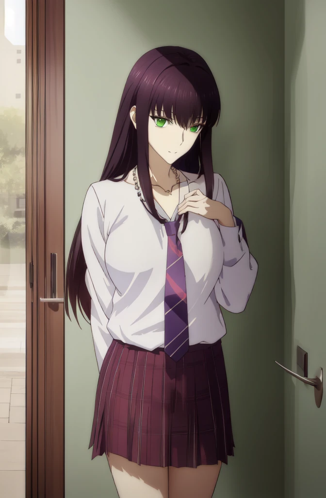 Connect UHD with 8K, hight resolution,Very detailed CG, High quality shadows, Detail Beautiful delicate face, Detail Beautiful delicate eyes,BREAK(Very detailed 8k wallpaper),(Highly detailed CG 8K wallpaper),Makima (chain saw man),Sukasaha (Fate/grand order),Shimohira Reihua ,Hi-Res,Very delicate and beautiful CG illustration,top-quality,Realistic skin feeling,Realistic fabric,Realistic texture,beautiful thigh,big breasts thin waist,(((masutepiece))), (((Best Quality))),8K,32K,​masterpiece,beautiful alluring anime woman,ultra-definition,ultra-detailliert,hight resolution,a hyperrealistic schoolgirl,masuter piece, Best Quality, High quality, High Definition, high quality texture, high quality shadow, high detailing,finely detail,1girl in,High school students,Solo,Soio,Only one person,Alone,One Person,tall,AS-Adult,Mature atmosphere,Leg length,neat and long legs,8 Head Body,stature:171cm,Mature girls,Reddish-purple hair,Reddish-purple hair,Purple hair,cassis colored hair,silky and smooth hair,Colorful hair,Straight hair,Smile,Smiling happily,lively expression,Cute smile,Cool Beauty,Beautuful Women,Neat face, Beautiful realism,Seductive look,Bewitching look,serene expressions,beautiful hairl,She wears a necklace around her neck,Necklace,bead necklace,magatama accessories,A slight smil,Colorful eyes,green colored eyes,Jade-colored eyes,beautidful eyes,Bright eye,Delicat eyes,Eyes Like Gems,Jade Eyes,Hanging eyes,(Green eyes:1.5),Seductive face,((White collared shirt)),Button shirt,neck tie,Red tie,校服,High school students,School Sweater,Dark grey sweater,plaid skirts,Hands folded behind your back,is standing,elegant look,during daytime,Sunlight,school buildings,hallway,is standing,Leaning against the wall,Put your hands behind your back,early evening,Sunset outside the window,After school,Watching the viewer,