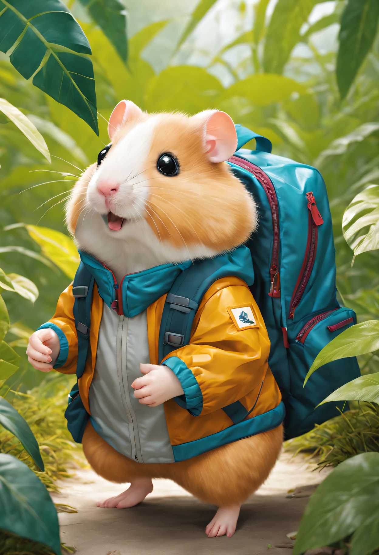 ((tmasterpiece)), Best quality, (8K, Best quality, tmasterpiece:1.2), ultra - detailed, illuminations, Hamster Adventurer，Wear outdoor adventure clothing,Wearing an adventure hat，Carrying an adventure backpack。Explore the virgin jungle。