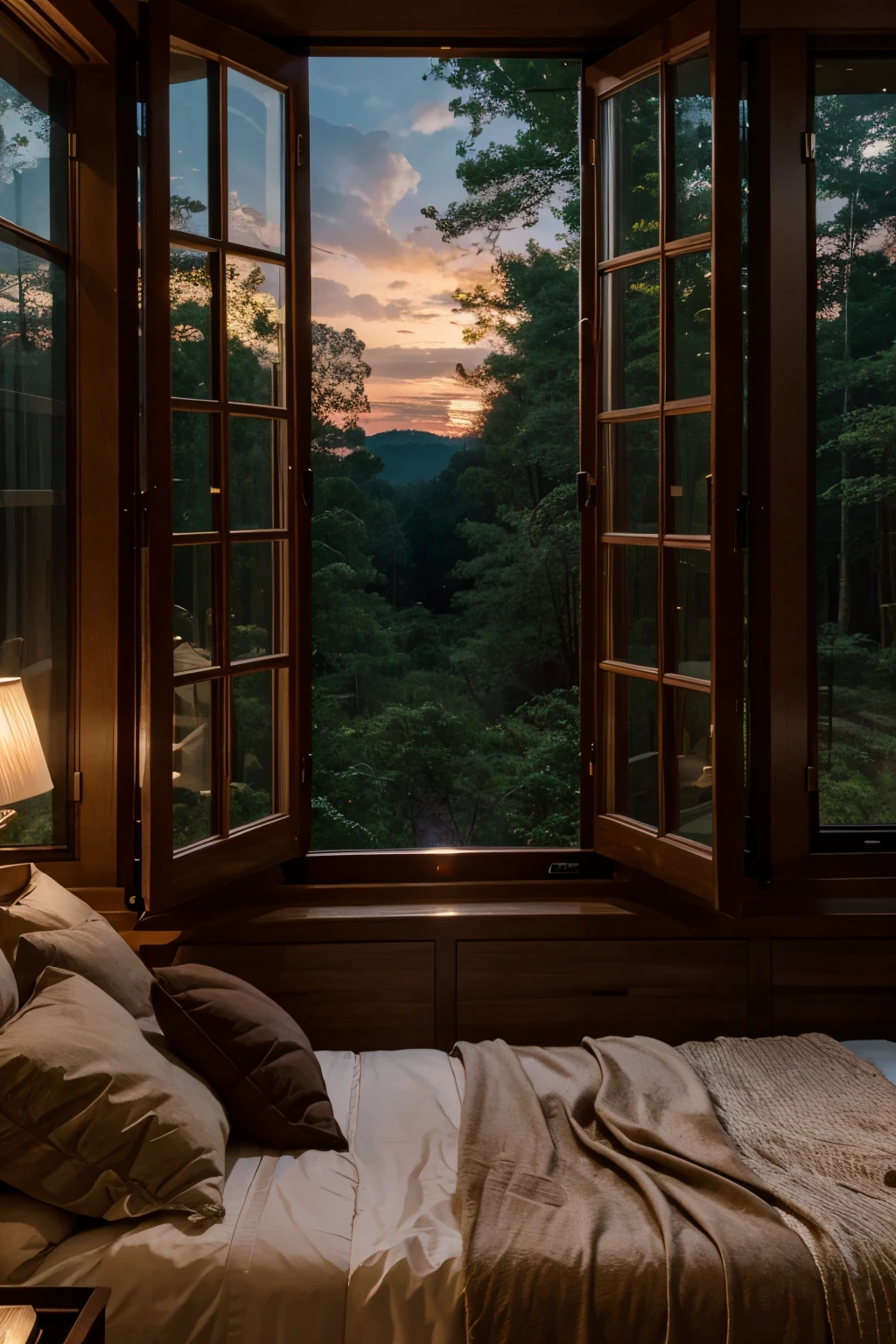 luxury bedroom night forest view form a large window, 4k, high definition, landscape