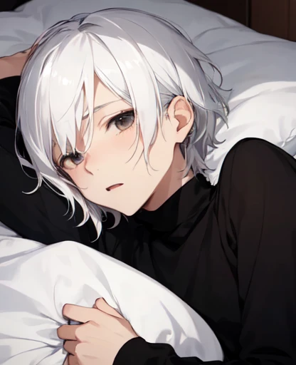 1 juvenile、a boy、white hair、wearing a black turtleneck、Lying in bed