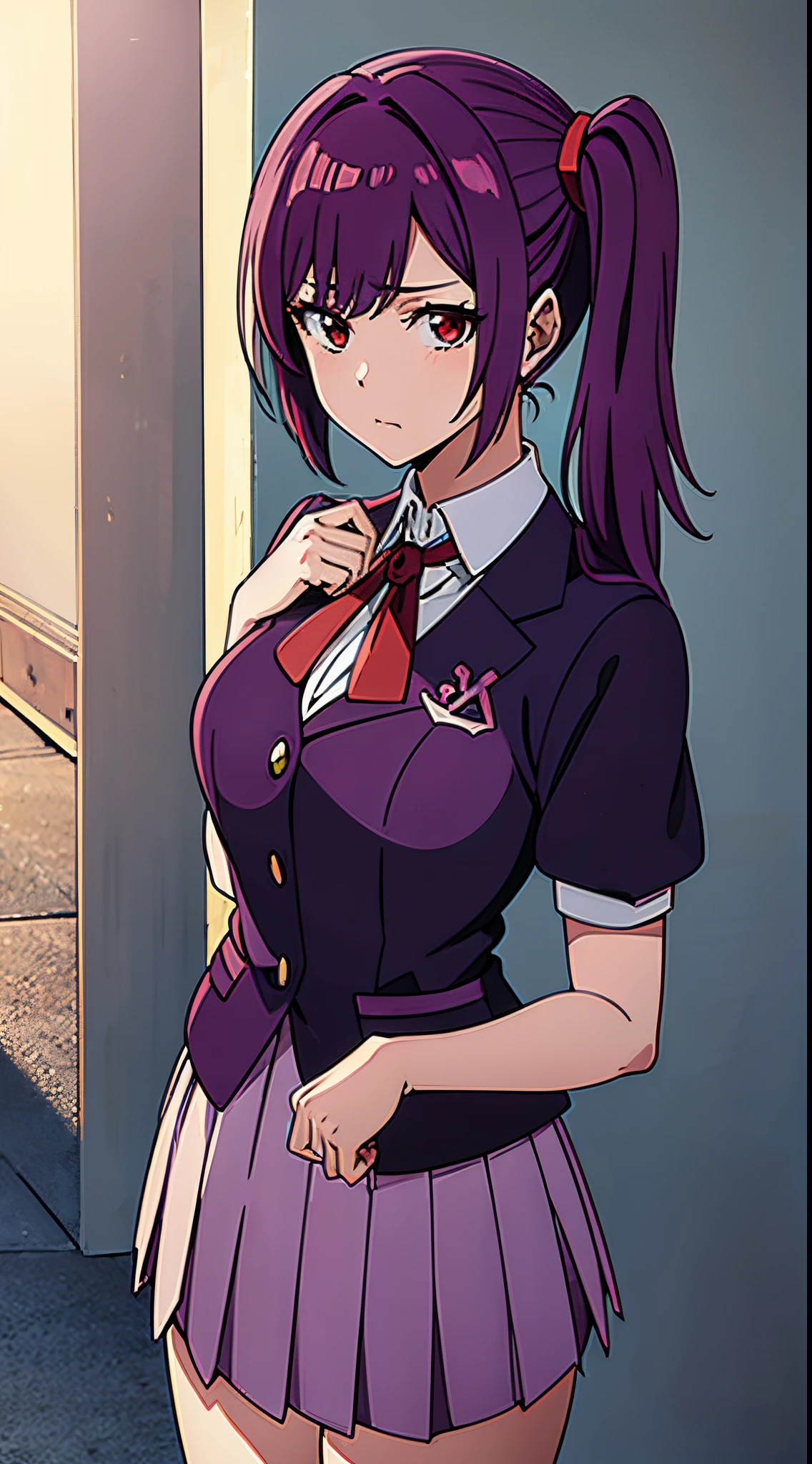(masterpiece), best quality, 1girl, red eyes, purple hair, side ponytail, highschool uniform, pleated skirt, cute, adorable, bleach style