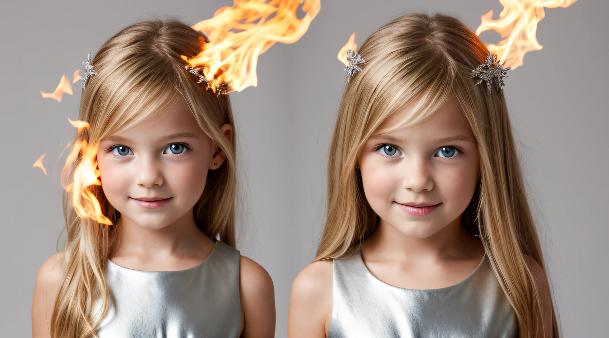 close-up CHILDREN BLONDE GIRL WITH LONG HAIR, em um fundo branco., usando um vestido prateado, vestido prateado e halo em chamas, Studio photo session, fundo branco.