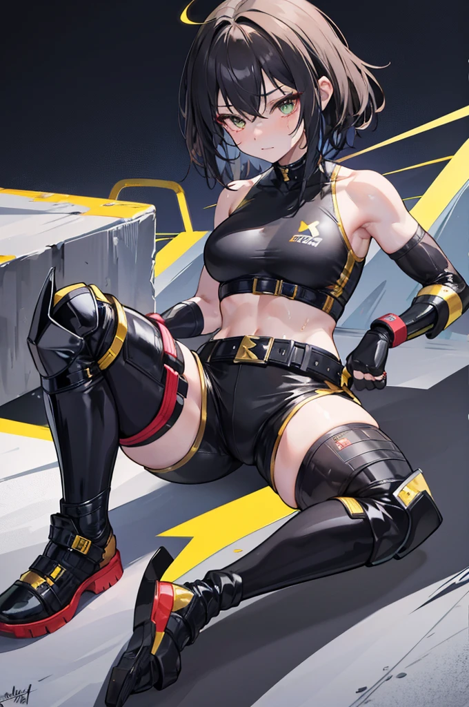 1 girl , solo , night city. Female wrestler, shiny ring gear, shorts, top, black and gold outfit, fit body, exposed midrift, suplex, muscular body,sweaty, glistening, knee pads, elbow pads , wrestling boots , champion belt, trophy