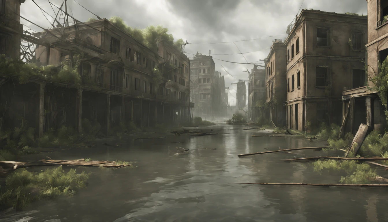 Create a post-apocalyptic scenario where water floods the earth, There are few trees，Lots of buildings and buildings. Add high-resolution detail，For example, abandoned buildings, Structural cracks, Electrical installation failure, and poor lighting. The scene should have a mysterious and dark tone, Elements with water and ruins, A high resolution, ultra - detailed, Add ships that are used as cities, Ship City, 8K, many qualities