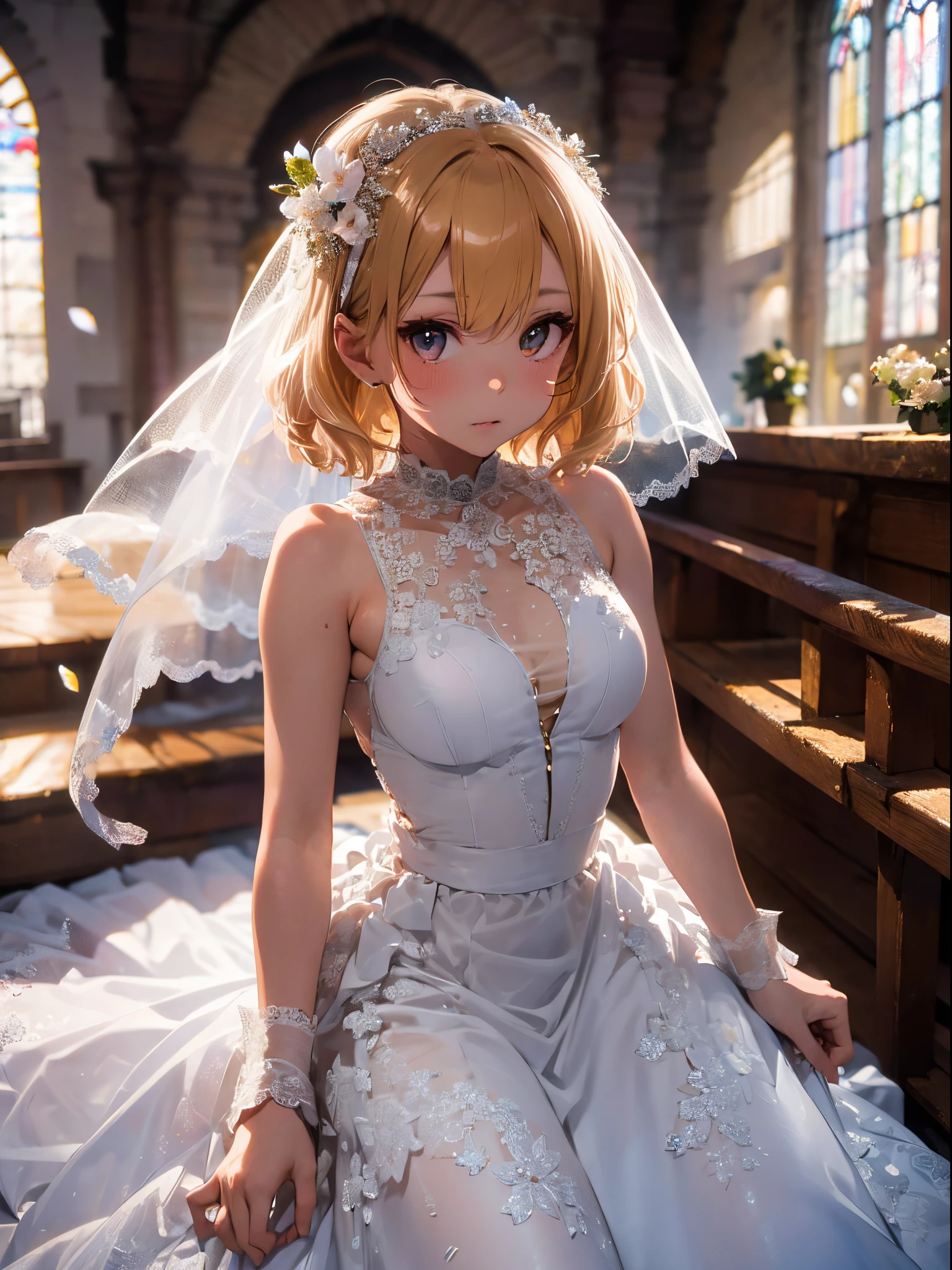 (Best Picture Quality, 4K, High Quality, Masterpiece:1.2), ((Masterpiece)), High Detail, High Quality, (HDR,16k, RAW Beautiful Girl Portrait, Best Picture Quality, Masterpiece:1.2), (Ultra-Definition Illustration), extremely beautiful, blond wavy short hair, round face, (Petite girl:1.1), church, flower petal, audience, beautiful light, gorgeous wedding dress, sleeveless, wedding veil, tied wrist, armpits,