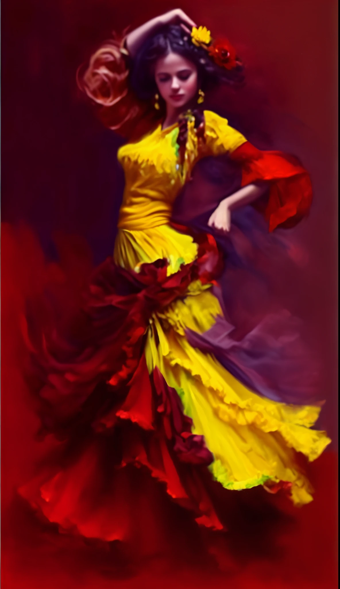 uma pintura de uma mulher com um vestido amarelo e um leque vermelho, amarelo e vermelho, vermelho e amarelo, esquema de cores amarelo e vermelho, vermelho amarelo, Cores vermelho-amarelo, esquema de cores vermelho e amarelo, esquema vermelho e amarelo, vermelho+cores amarelas, Andrew Atroshenko, dancing gracefully, alguns vermelhos e roxos e amarelos, cheio de cores e detalhes ricos