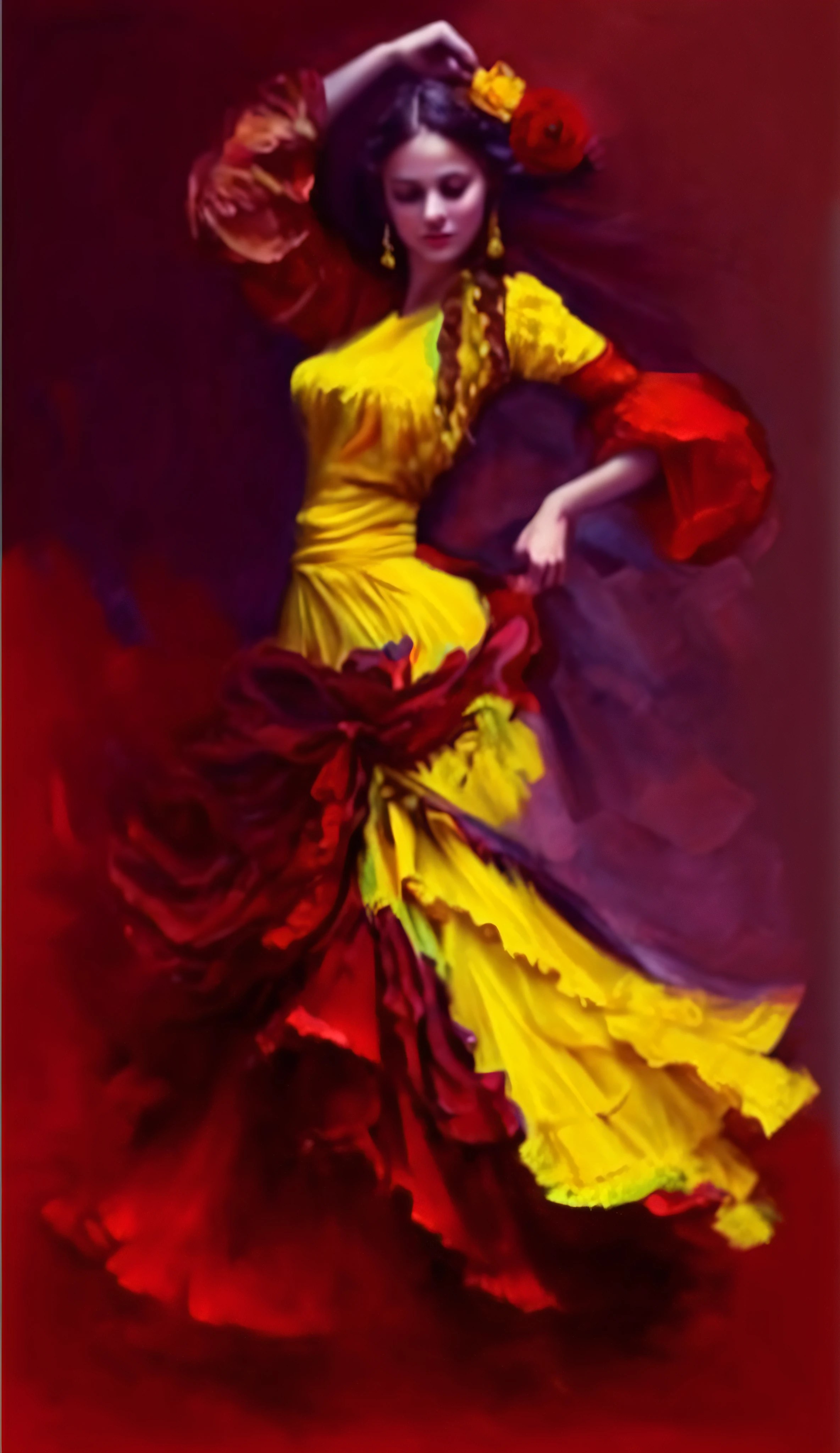 uma pintura de uma mulher com um vestido amarelo e um leque vermelho, amarelo e vermelho, vermelho e amarelo, esquema de cores amarelo e vermelho, vermelho amarelo, Cores vermelho-amarelo, esquema de cores vermelho e amarelo, esquema vermelho e amarelo, vermelho+cores amarelas, Andrew Atroshenko, dancing gracefully, alguns vermelhos e roxos e amarelos, cheio de cores e detalhes ricos