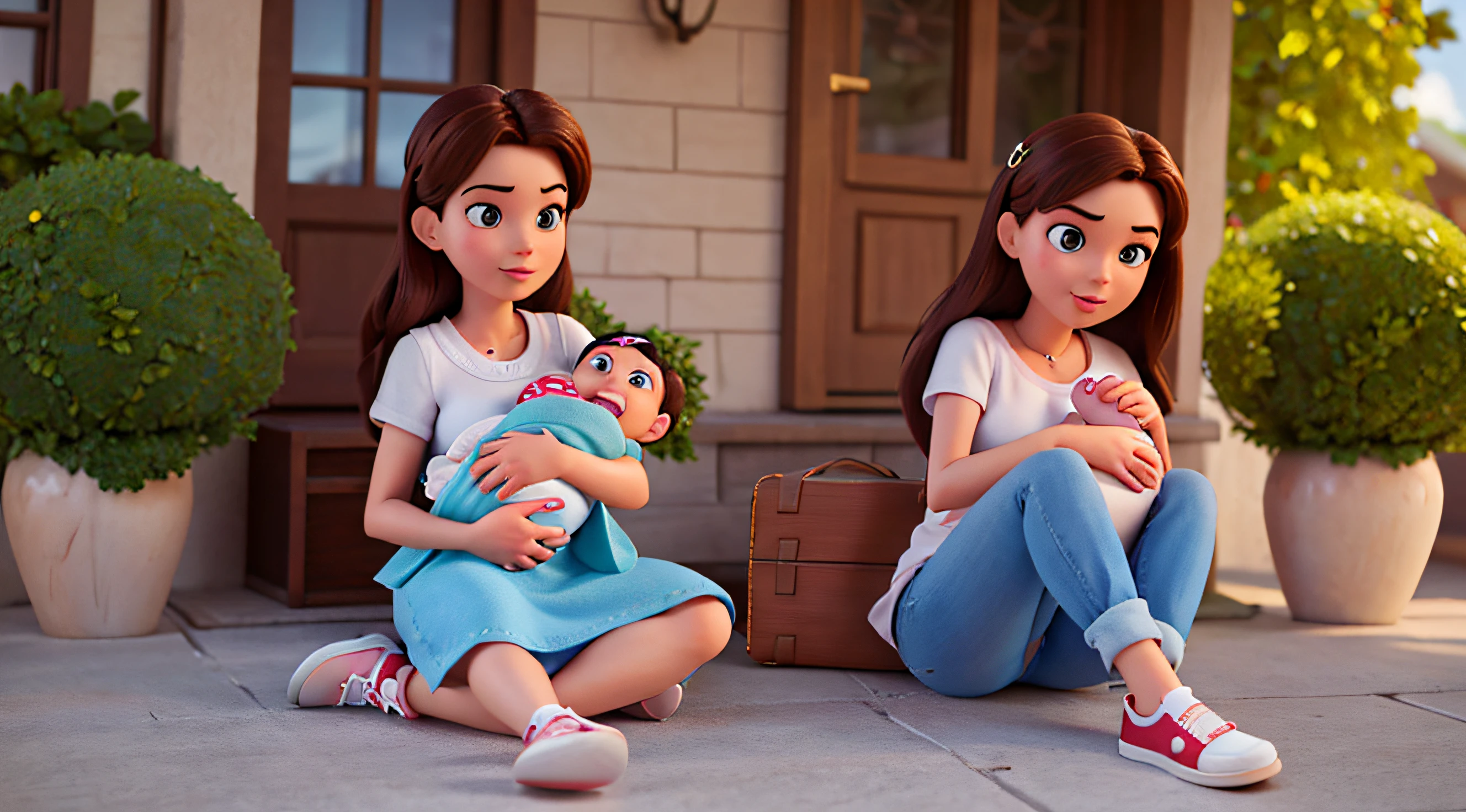 Personagem 3D renderizado design de estilo Disney Pixar, Woman, mami, 30 anos, cabelo de sobrancelha longa, light blue converse sneakers, pink chest of drawers, carrying a newborn baby on your lap