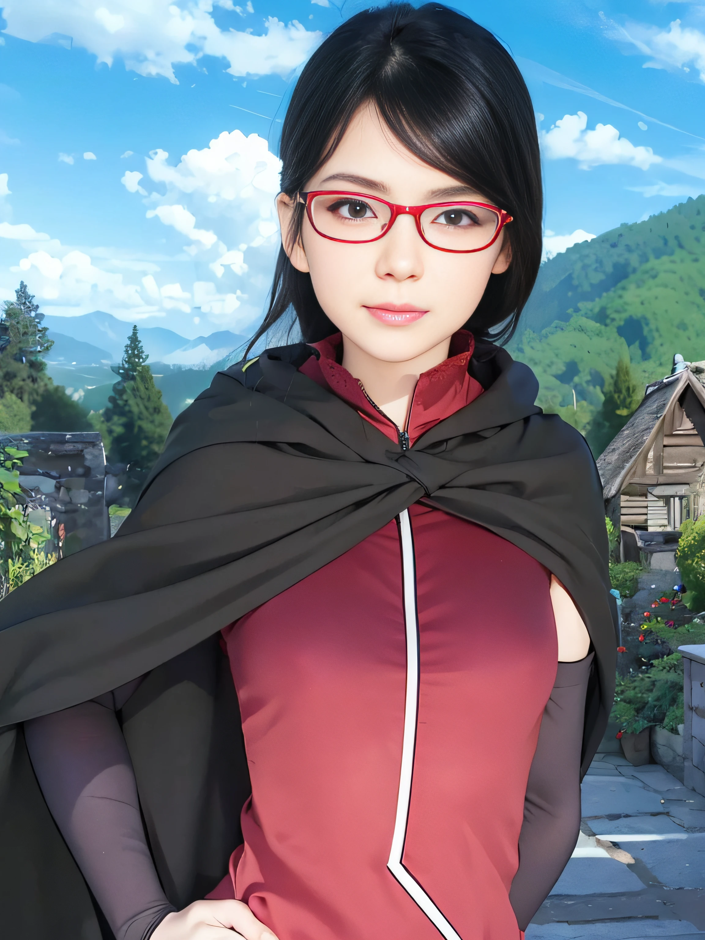 masterpiece, best quality, (realistic, photo-realistic:1.4), (RAW photo:1.2), extremely detailed CG unity 8k wallpaper, delicate and beautiful, amazing, finely detail, official art, absurdres, incredibly absurdres, huge filesize, ultra-detailed, extremely detailed, extremely detailed girl, extremely detailed eyes and face, light on face,little smile,long hair,black hair,(wearing red framed glasses:1.4),garden,vilage,red clothes,black cloak