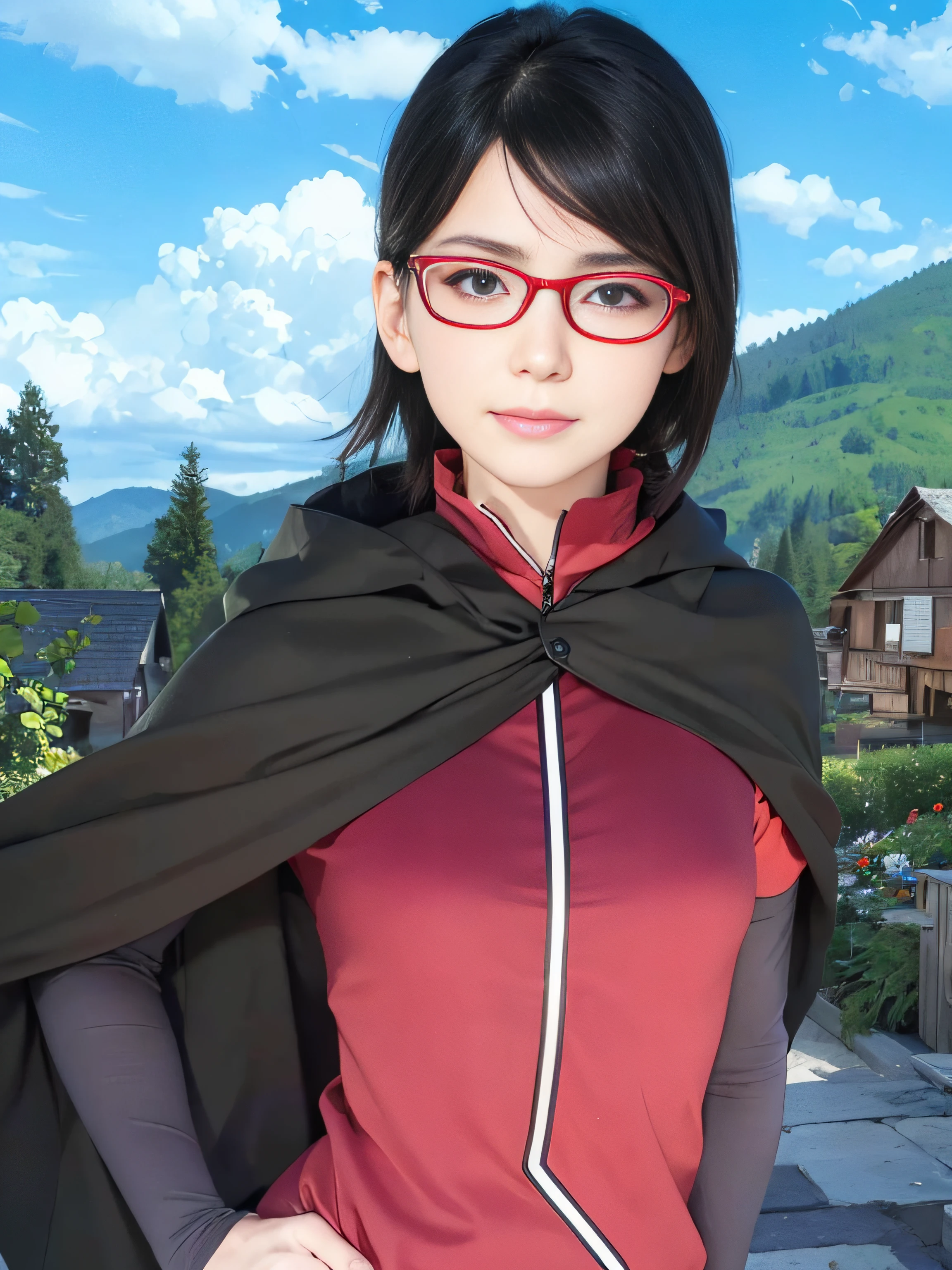 masterpiece, best quality, (realistic, photo-realistic:1.4), (RAW photo:1.2), extremely detailed CG unity 8k wallpaper, delicate and beautiful, amazing, finely detail, official art, absurdres, incredibly absurdres, huge filesize, ultra-detailed, extremely detailed, extremely detailed girl, extremely detailed eyes and face, light on face,little smile,short hair,black hair,(wearing red framed glasses:1.4),garden,vilage,red clothes,black cloak
