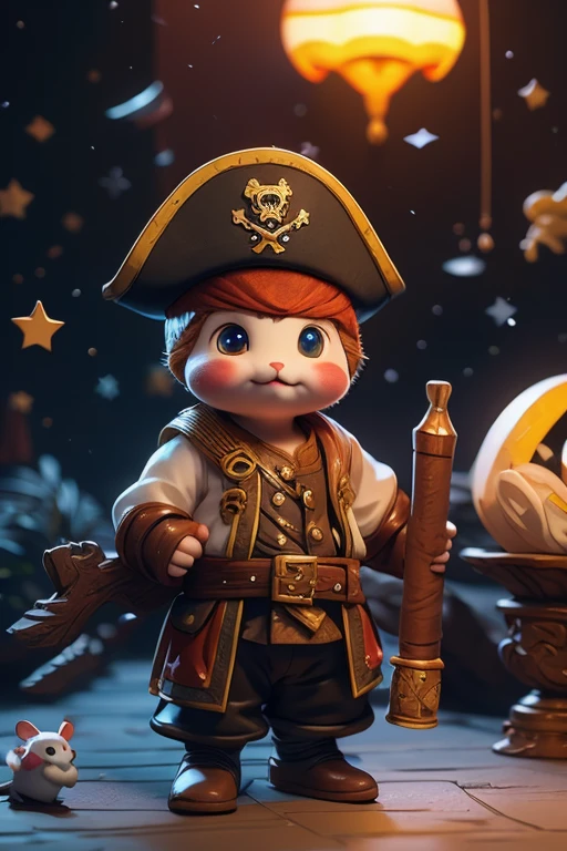 A cute hamster, rpg adventurer clothing, pirate outfit, angle from below, night sky