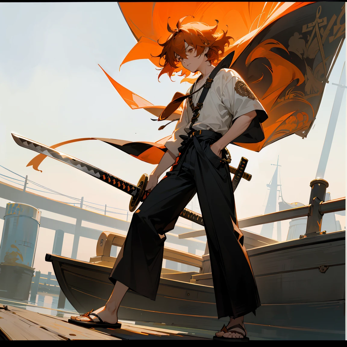 Orange Hair ,Tied Backnot in hair , Shaggy Hair , Messy Hair , Medium Length Hair , 1male , White Shortsleeve Shirt , Baggy Black Pants , Black Sandles , Standing on boat dock , Greatly Detailed Sheathed Katana on hip , Intricate Detail , Sword , Sword Sheathe fashioned to hip , 1male