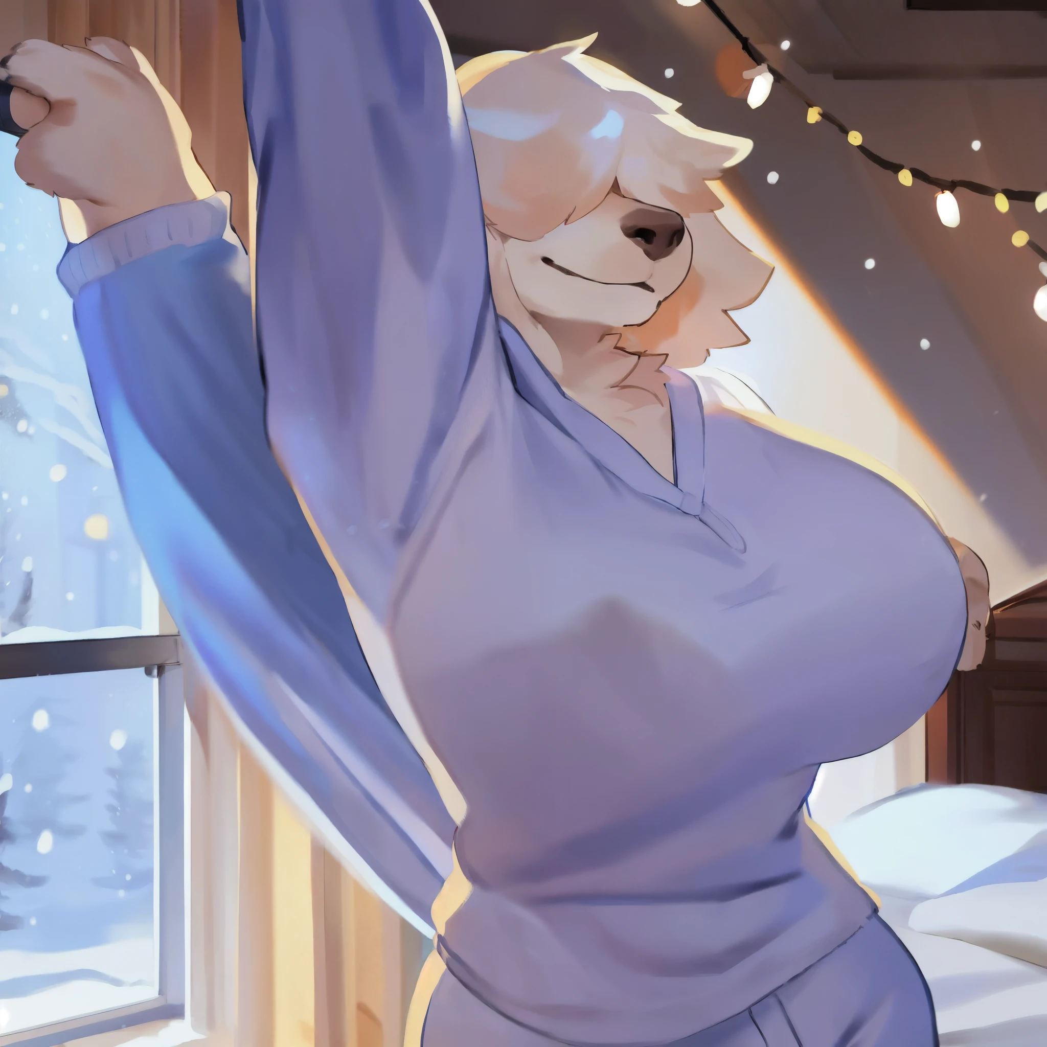 By bebebebebe, by goonie-san, by chunie, by bigcozyorca, solo, female, canine, labrador, hair over eyes, stretching, smiling, big breasts, pajamas, bedroom, snowing outside window, winter day, fairy lights