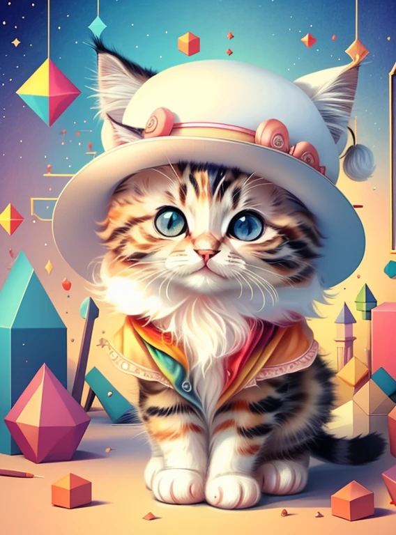 (kitten in a hat), Munchkin ,Geometric multidimensional wall portrait, livro de arte, Tchibi,
Yang08k, Beautiful, Colouring,
Obras, of the highest quality, best quality, Arte Oficial, Beautiful and Aesthetic,