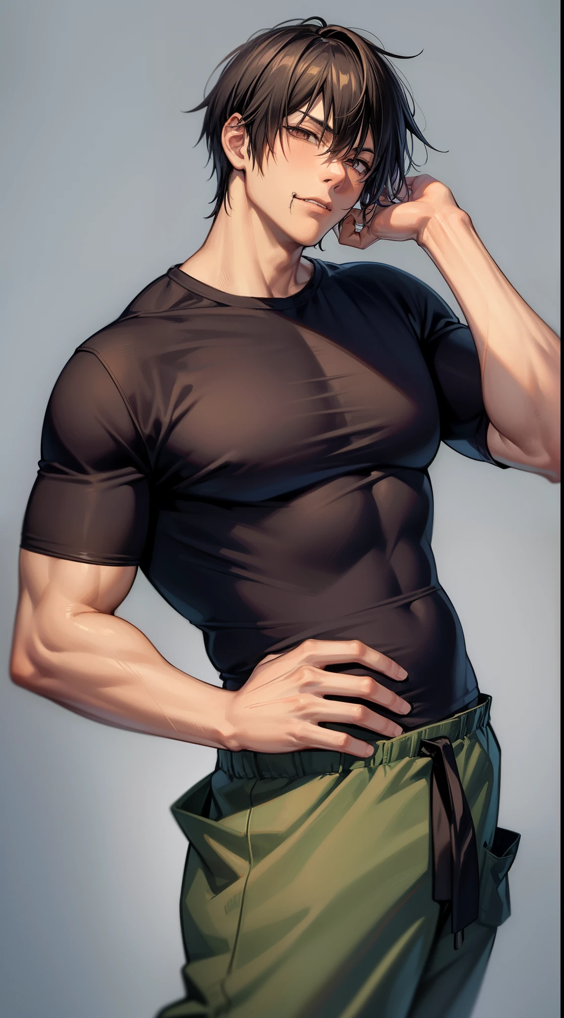 Fushiguro Toji, homem musculoso, camiseta preta, mangas curtas, Slacks, He is seen wearing black sweatpants and wearing a baggy shirt. Hand in the pocket pants