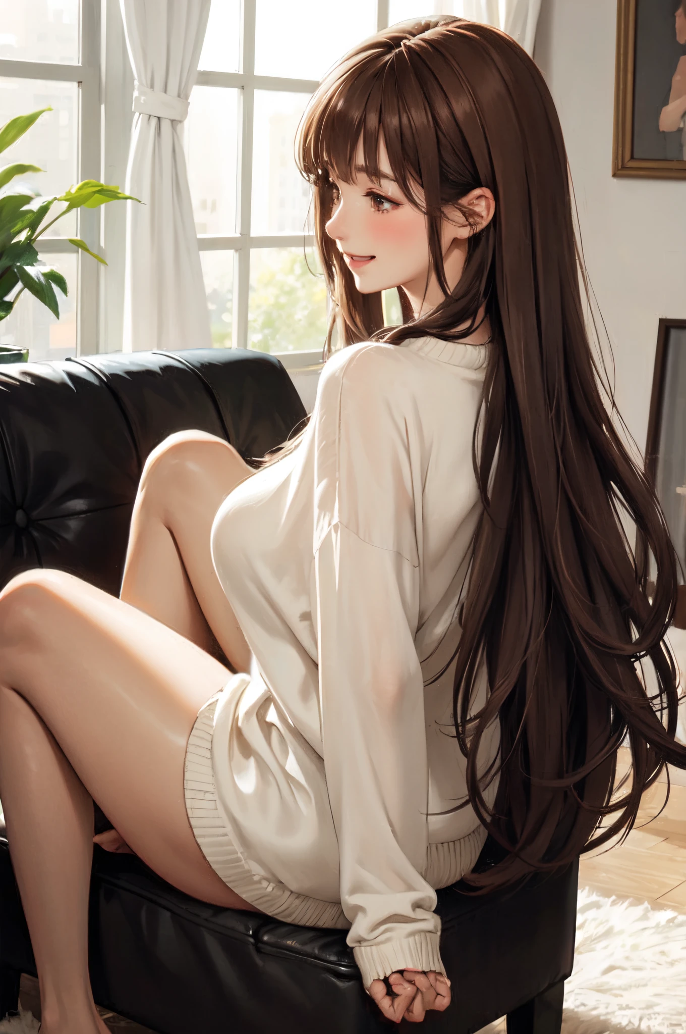 1lady standing, /(oversized sweater/) v-neck, mature female, /(brown hair/) bangs, blush kind smile, (masterpiece best quality:1.2) delicate illustration ultra-detailed, large breasts pantyhose BREAK /(modern house living room/) indoors