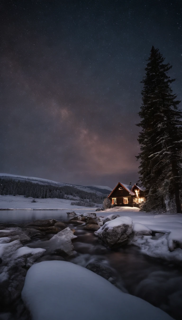 outdoor paysage, christmas, Santa, cadeaux, guirlande, Vacances, neige, sapin, Nuit, starry night sky, lac, lights, rouge, Aurora borealis