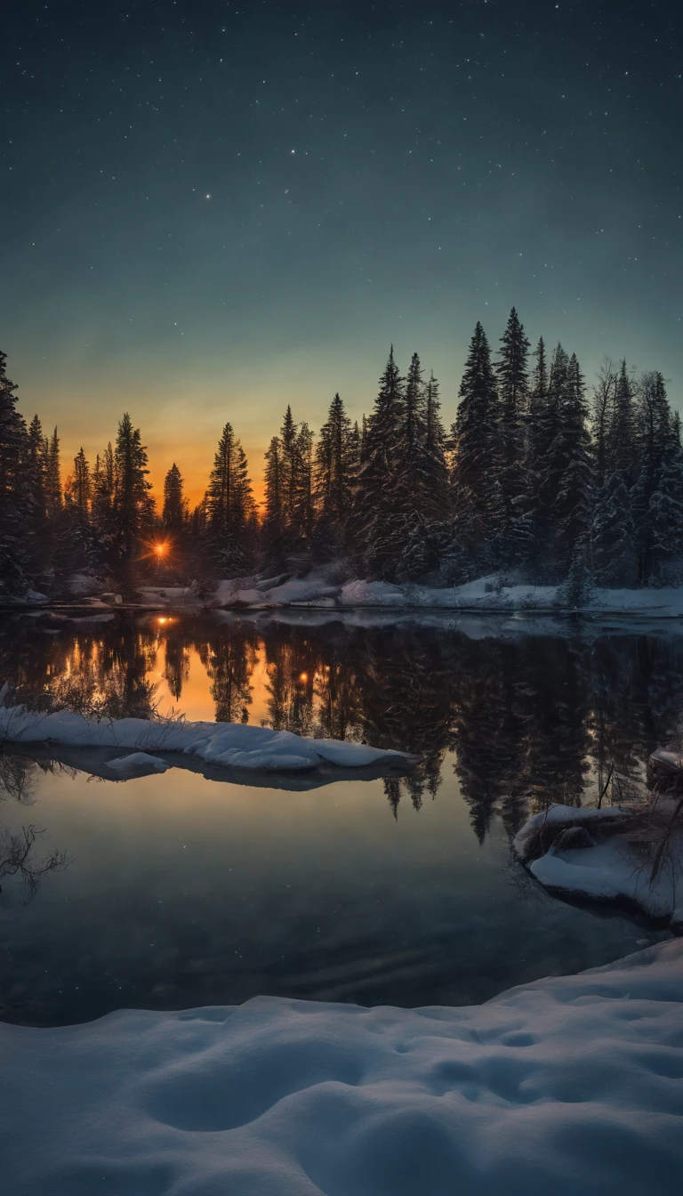 outdoor paysage, christmas, Santa, cadeaux, guirlande, Vacances, neige, sapin, Nuit, starry night sky, lac, lights, rouge, Aurora borealis