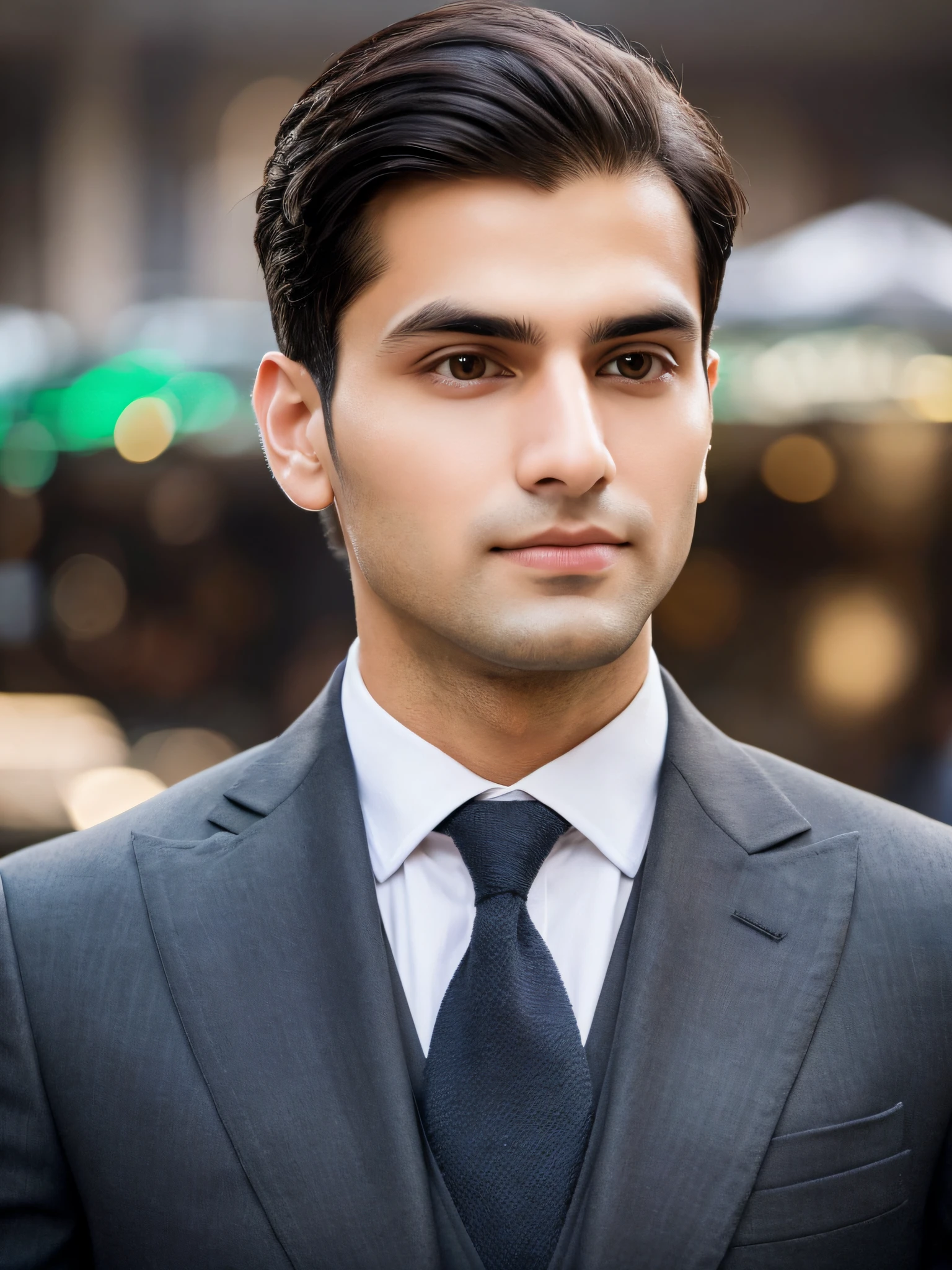 A Pakistani fair color smart gentle man, Handsome, cleaned shaved with no beard no mustache, 30 year old with black brown hair in a business suit, portrait, looking directly at the camera, headshot, cleaned shave, high quality, handsome