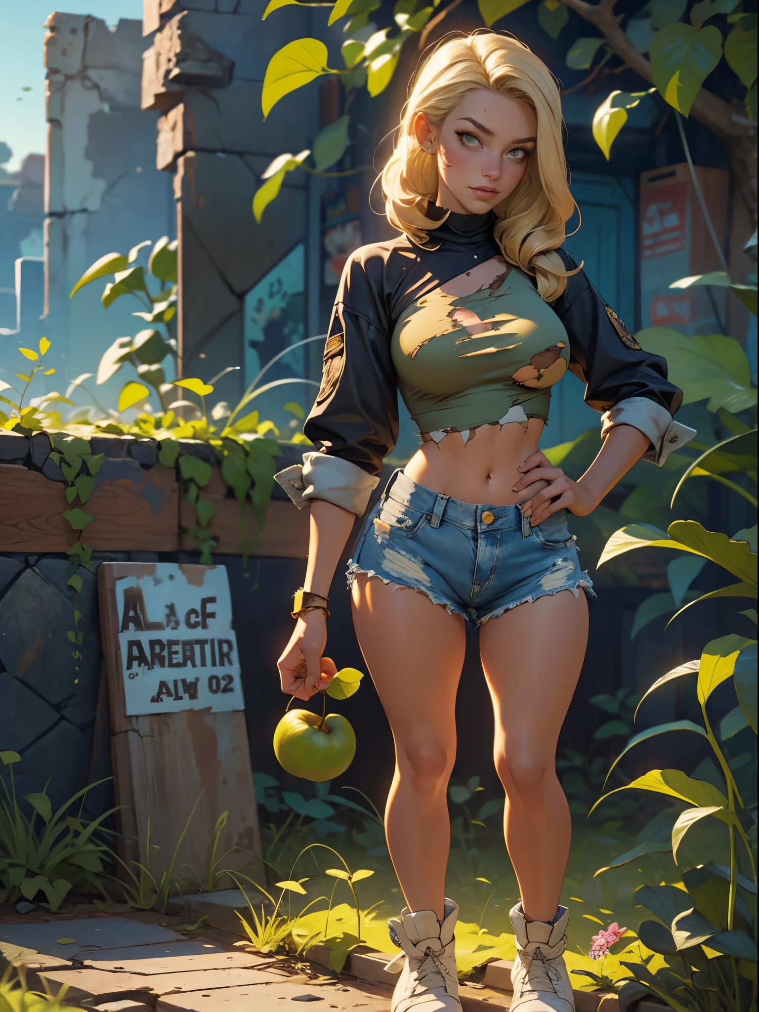 (best quality, masterpiece:1.2), (detailed eye:1.2), intricate detail, (depth of field:1.3), 20 years old girl, (angry, embarrassed), (dark skin:1.4), standing, jungle, cropped legs, shorts, backpack, injury, bandages, wavy hair, sunlight, sweat, from above, looking at viewer, muscular, freckles, blush, twisted torso, head tilt,