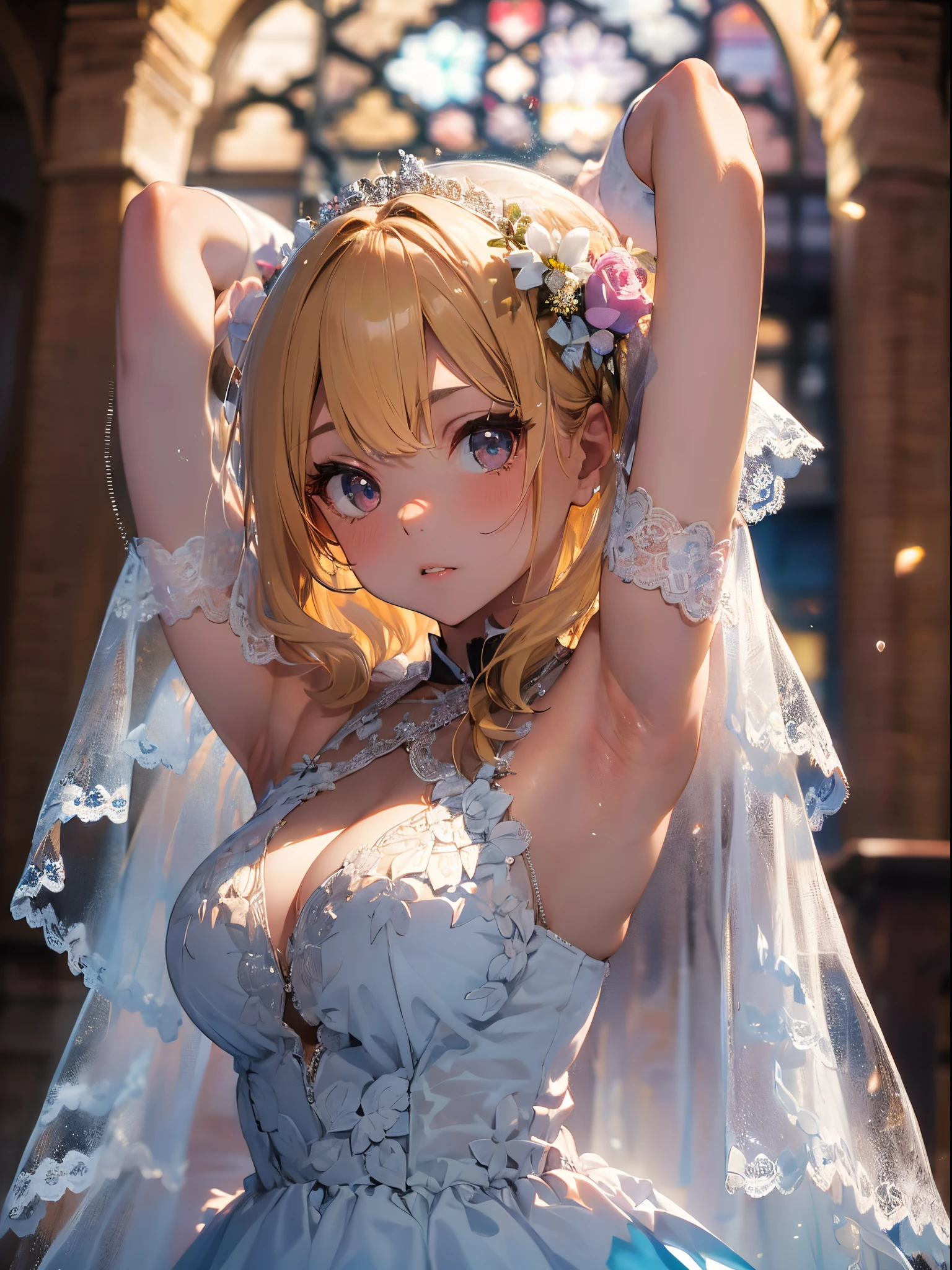 (Best Picture Quality, 4K, High Quality, Masterpiece:1.2), ((Masterpiece)), High Detail, High Quality, (HDR,16k, RAW Beautiful Girl Portrait, Best Picture Quality, Masterpiece:1.2), (Ultra-Definition Illustration), extremely beautiful, blond wavy short hair, round face, (Petite girl:1.1), church, flower petal, audience, beautiful light, gorgeous wedding dress, sleeveless, wedding veil, tied two wrist, armpits,