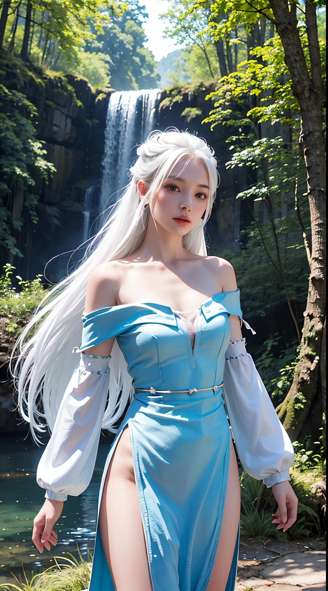 shenhe_genshin,1girl, (white hair, long hair), blue eyes,hair ornament, white short shirt, long sleeves, off shoulder, blue long dress, standing, looking at viewer, (smile:0.8), upper body, (cowboy shot,realistic, photorealistic), (masterpiece, best quality, high quality), (colorful),(delicate eyes and face), volumatic light, ray tracing, extremely detailed CG unity 8k wallpaper, outdoors, forest, sunshine, waterfall,