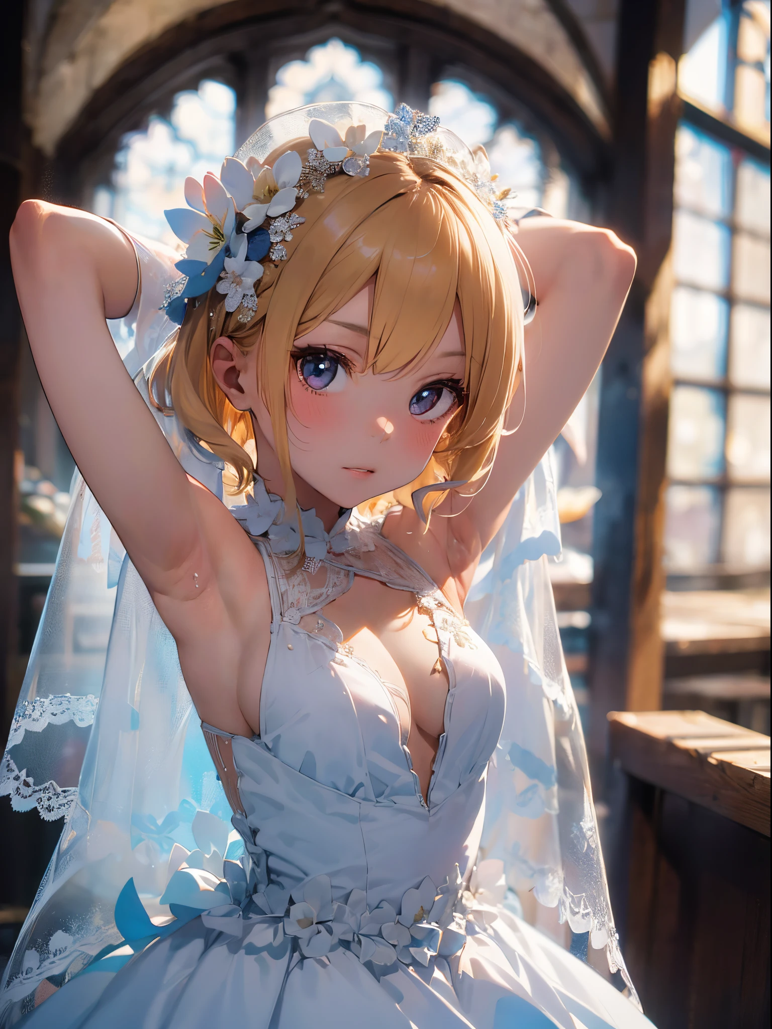 (Best Picture Quality, 4K, High Quality, Masterpiece:1.2), ((Masterpiece)), High Detail, High Quality, (HDR,16k, RAW Beautiful Girl Portrait, Best Picture Quality, Masterpiece:1.2), (Ultra-Definition Illustration), extremely beautiful, blond wavy short hair, round face, (Petite girl:1.1), church, flower petal, audience, beautiful light, gorgeous wedding dress, sleeveless, wedding veil, tied two wrist, armpits,