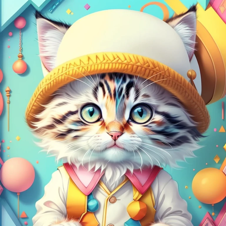 (kitten in a hat), Munchkin ,Geometric multidimensional wall portrait, livro de arte, Tchibi,
Yang08k, Beautiful, Colouring,
Obras, of the highest quality, best quality, Arte Oficial, Beautiful and Aesthetic,