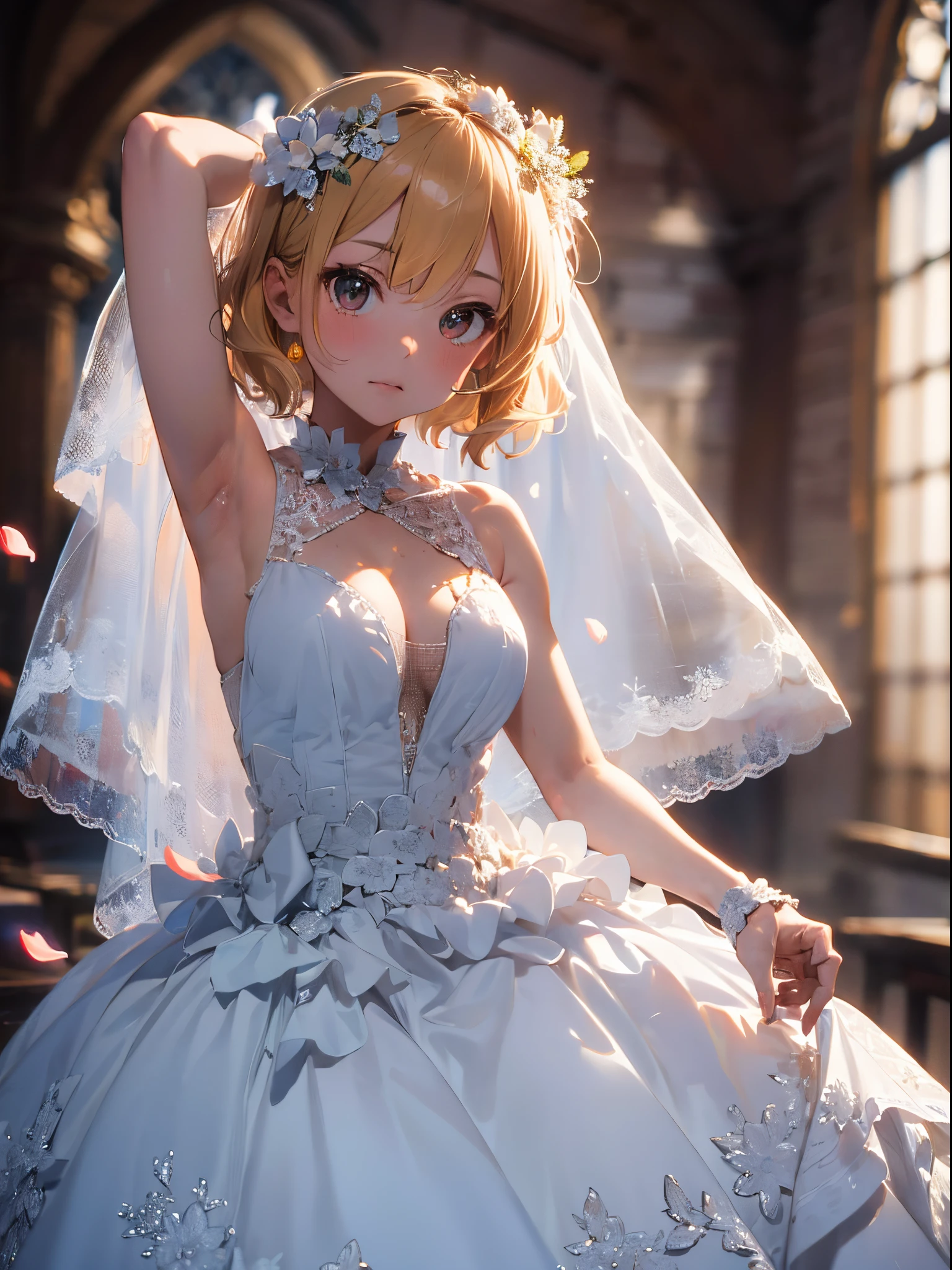 (Best Picture Quality, 4K, High Quality, Masterpiece:1.2), ((Masterpiece)), High Detail, High Quality, (HDR,16k, RAW Beautiful Girl Portrait, Best Picture Quality, Masterpiece:1.2), (Ultra-Definition Illustration), extremely beautiful, blond wavy short hair, round face, (Petite girl:1.1), church, flower petal, audience, beautiful light, gorgeous wedding dress, sleeveless, wedding veil, tied two wrist, armpits, embarrassed,