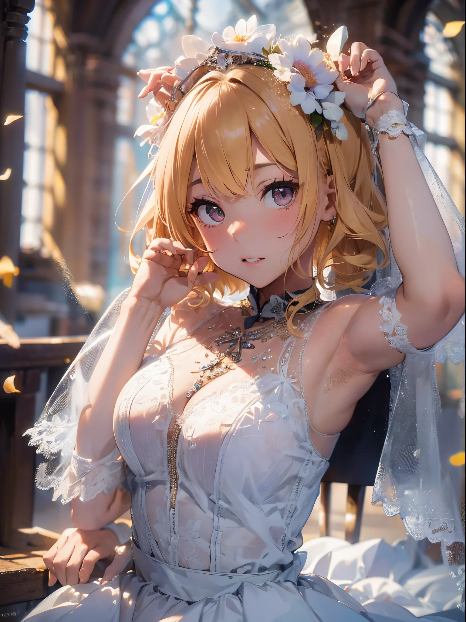 (Best Picture Quality, 4K, High Quality, Masterpiece:1.2), ((Masterpiece)), High Detail, High Quality, (HDR,16k, RAW Beautiful Girl Portrait, Best Picture Quality, Masterpiece:1.2), (Ultra-Definition Illustration), extremely beautiful, blond wavy short hair, round face, (Petite girl:1.1), church, flower petal, audience, beautiful light, gorgeous wedding dress, sleeveless, wedding veil, tied two wrist, armpits, embarrassed,