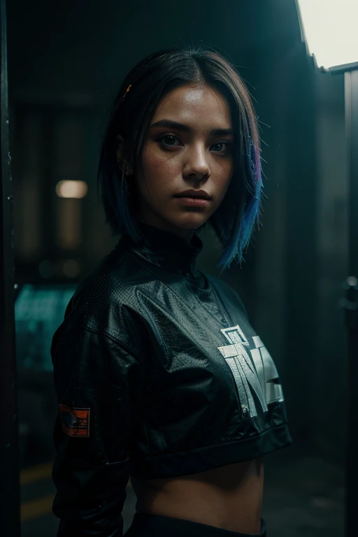 Vestindo streetwear complexo cyberpunk, Beautiful, garota, retrato detalhado, 4 mil, cores brilhantes, arte conceitual, cinematic dramatic atmosphere, foco nítido, Volumetric lighting, Cinematic lighting, studio quality