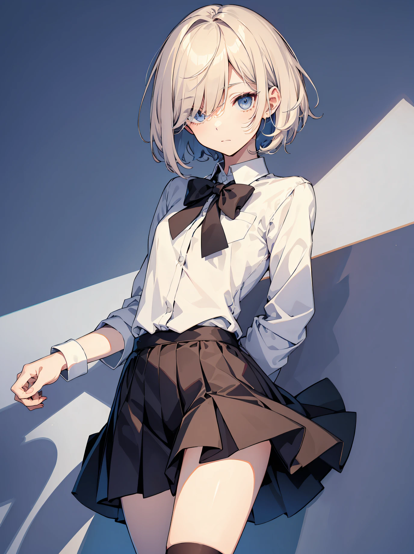 top-quality, Full limbs, complete fingers, Slender beauty, 1 persons, Small eyes, Androgynous attraction, embarassed expression, Summer school uniform, knee high, Bery short hair, Hair over one eye,BREAK,Ultra-detailed,High resolution,super detailed skin,8k eye details, (Cute illustration:1.2),
