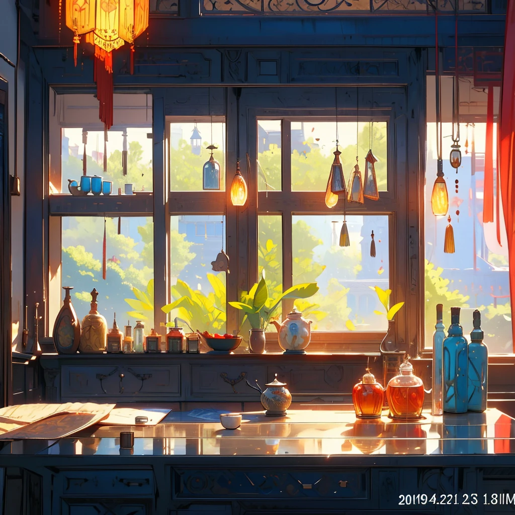 Has a large window,It's spring outside the window,Plants in the window,Cozy mid-century European kitchen,There are various bottles and jars of condiments in the cabinet.,Cute bright tableware