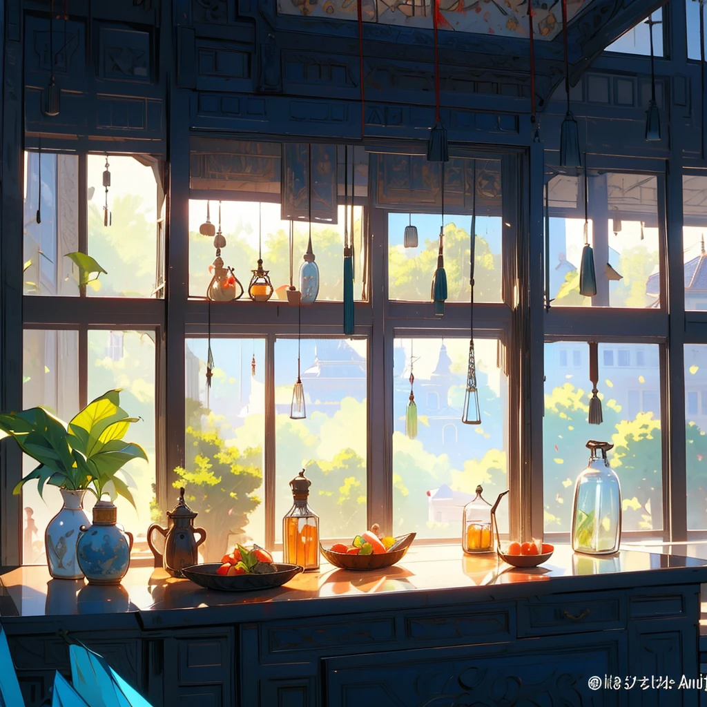 Has a large window，It&#39;s spring outside the window，Plants in the window，Cozy mid-century European kitchen，There are various bottles and jars of condiments in the cabinet.，Cute bright tableware