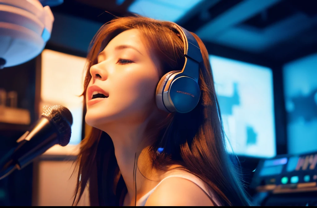 Female vocalist singing with headphones in a recording studio