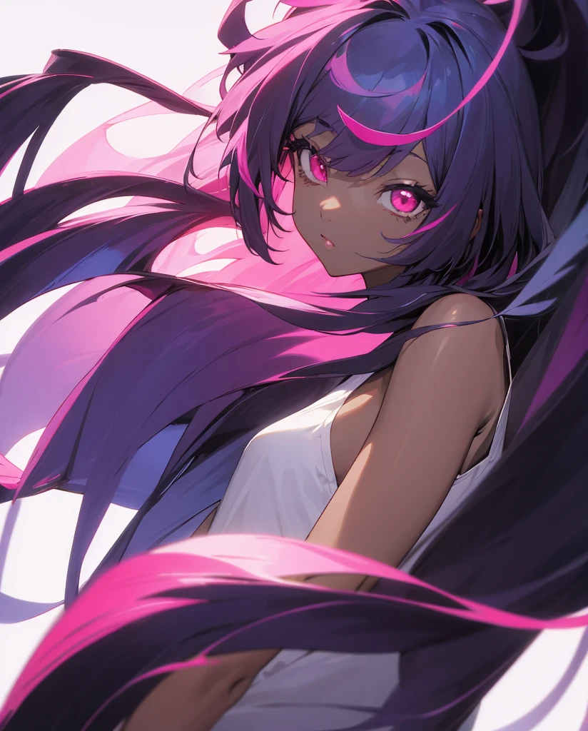Black skin anime girl with、No background、without background、Background through、Long hair、light blue left side hair、putple right side hair, pink bangs, Pink eyes、kawaii、black skin