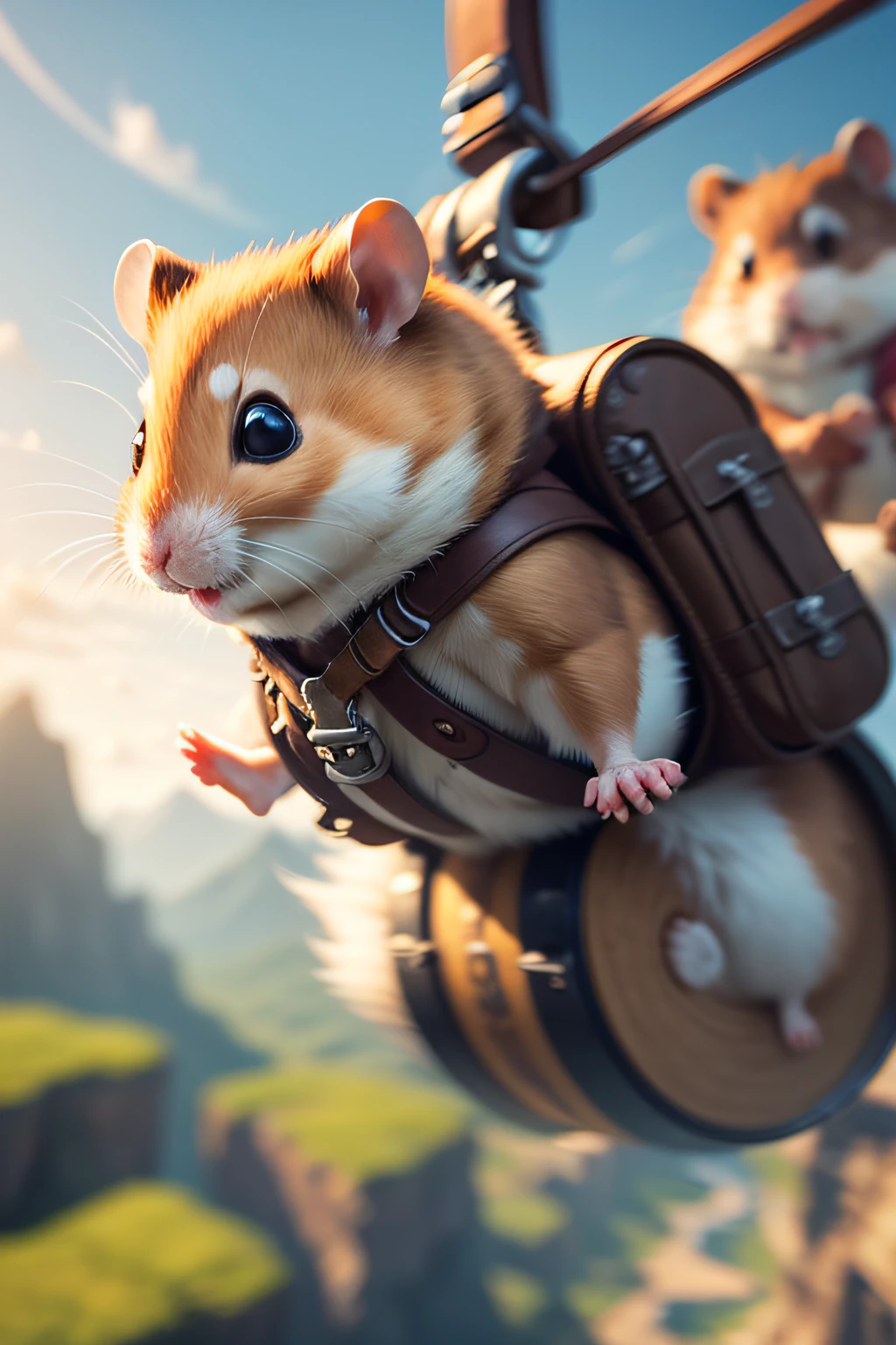 hamster adventurer, Adventurer's Costume, Hamster looking happy riding on a pulley, (Motion Blur:1.3), (best composition), (masutepiece), (Best Quality), (ultra high detail)