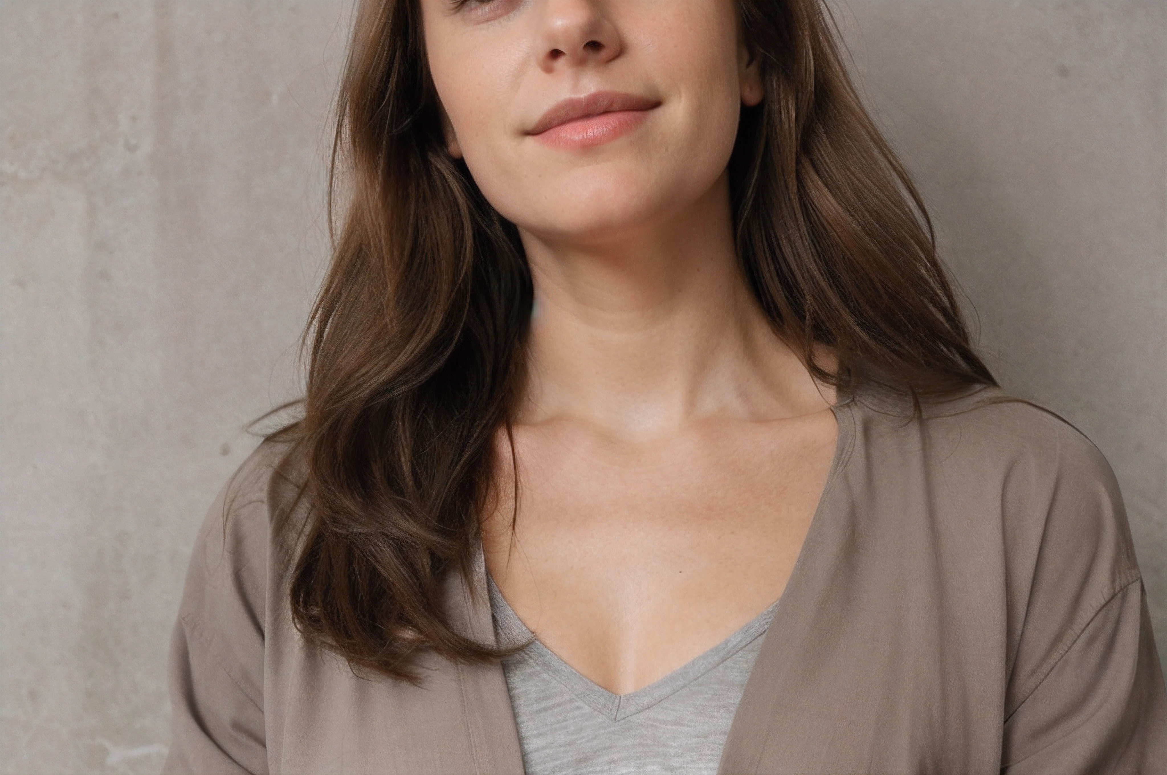 business woman, jacket and v-neck top underneath, long brown hair tucked behind ear, soft smile, grey concrete