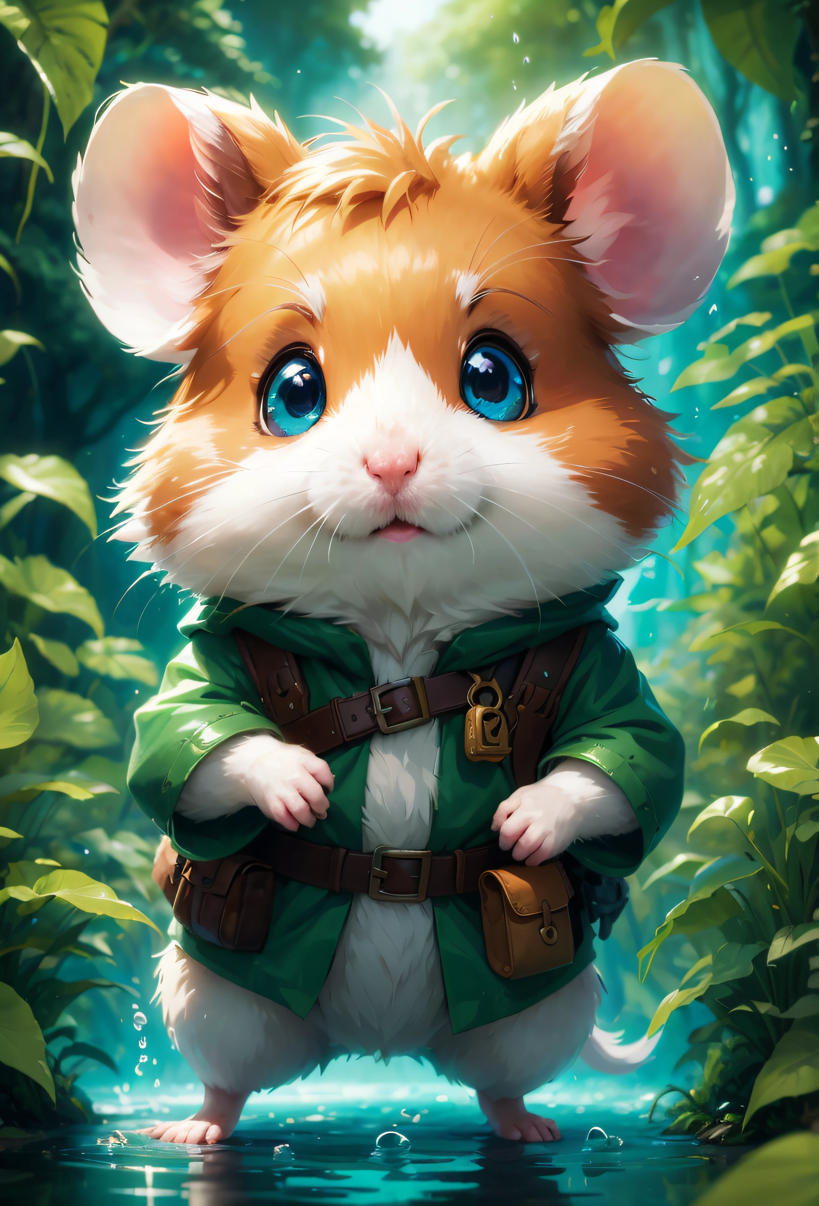 hamster,adventurer,beautiful detailed eyes,sharp focus,vivid colors,illustrations,lush greenery,stylized artworks,hamster in action,cartoonish,lighting effects,depth and volume,dynamic poses,bright colors,resplendent hues,contrasting tones,fantasy world,mysterious setting,highly detailed characters,lively and energetic ambiance