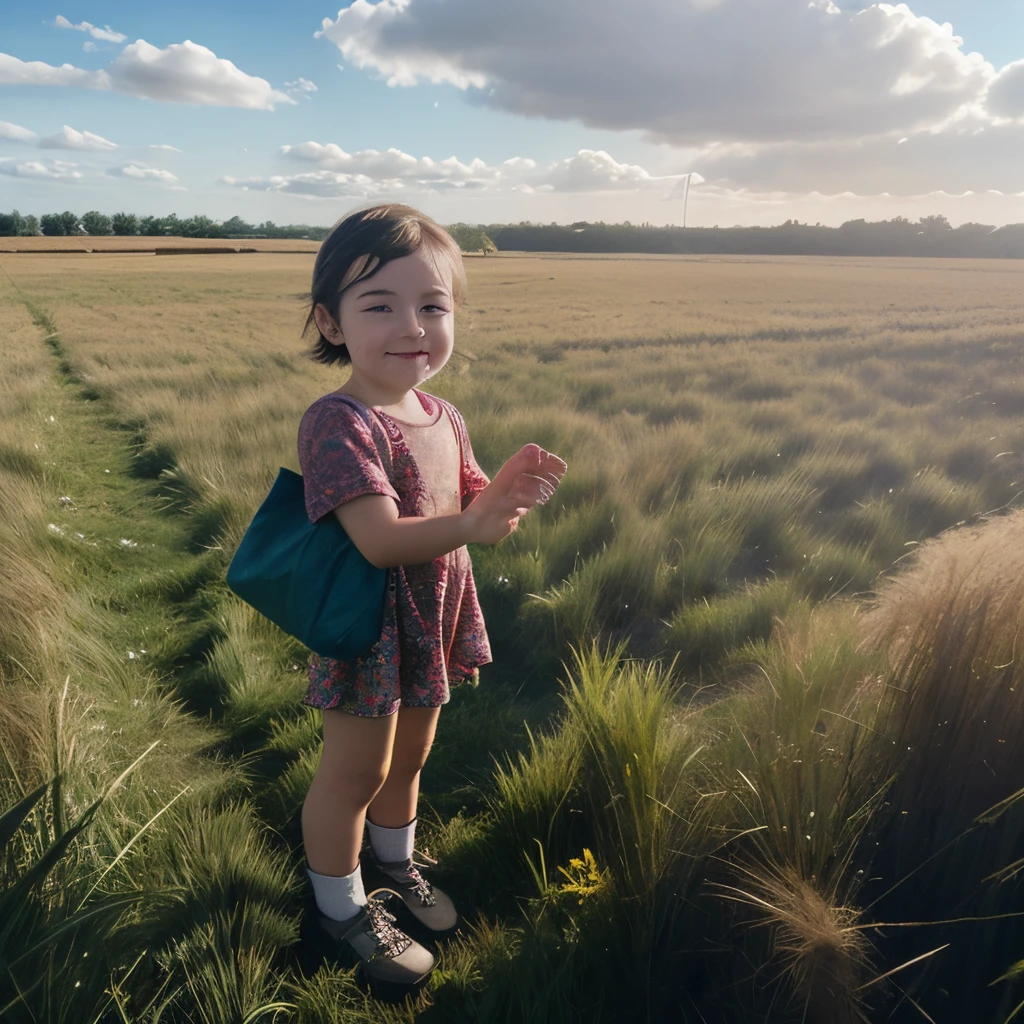 2 years old caucasian girl, blonde hair, playing at the park, set in 1970s, smiling, trees and bushes and people crowd in the background 