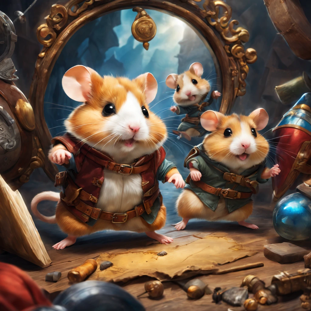 Movie Posters:hamster adventure,A cute hamster dressed as an adventurer jumps,fellow hamsters,Draw the shadow of the villain in the background,cute little,sano,Naughty,Fluffy hamsters,Adventurer's clothes details,Anatomically correct,great adventure,,Mirror the whole,Fantasia,
