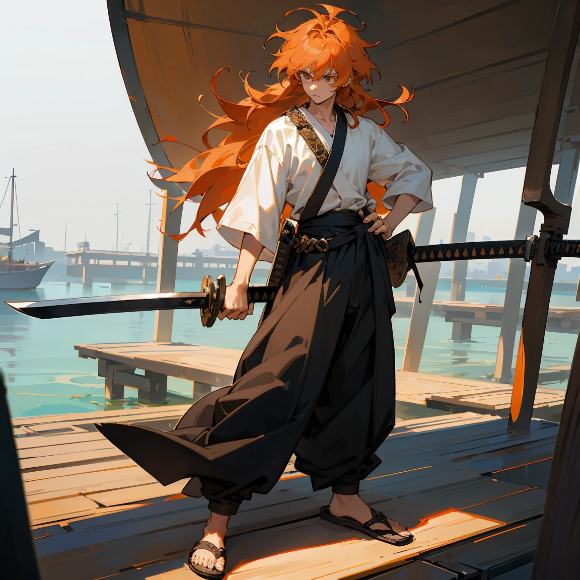 Orange Hair ,Tied Backnot in hair , Shaggy Hair , Messy Hair , Medium Length Hair , 1male , White Shortsleeve Shirt , Baggy Black Pants , Black Sandles , Standing on boat dock , Greatly Detailed Sheathed Katana on hip , Intricate Detail , Sword , Sword Sheathe fashioned to hip