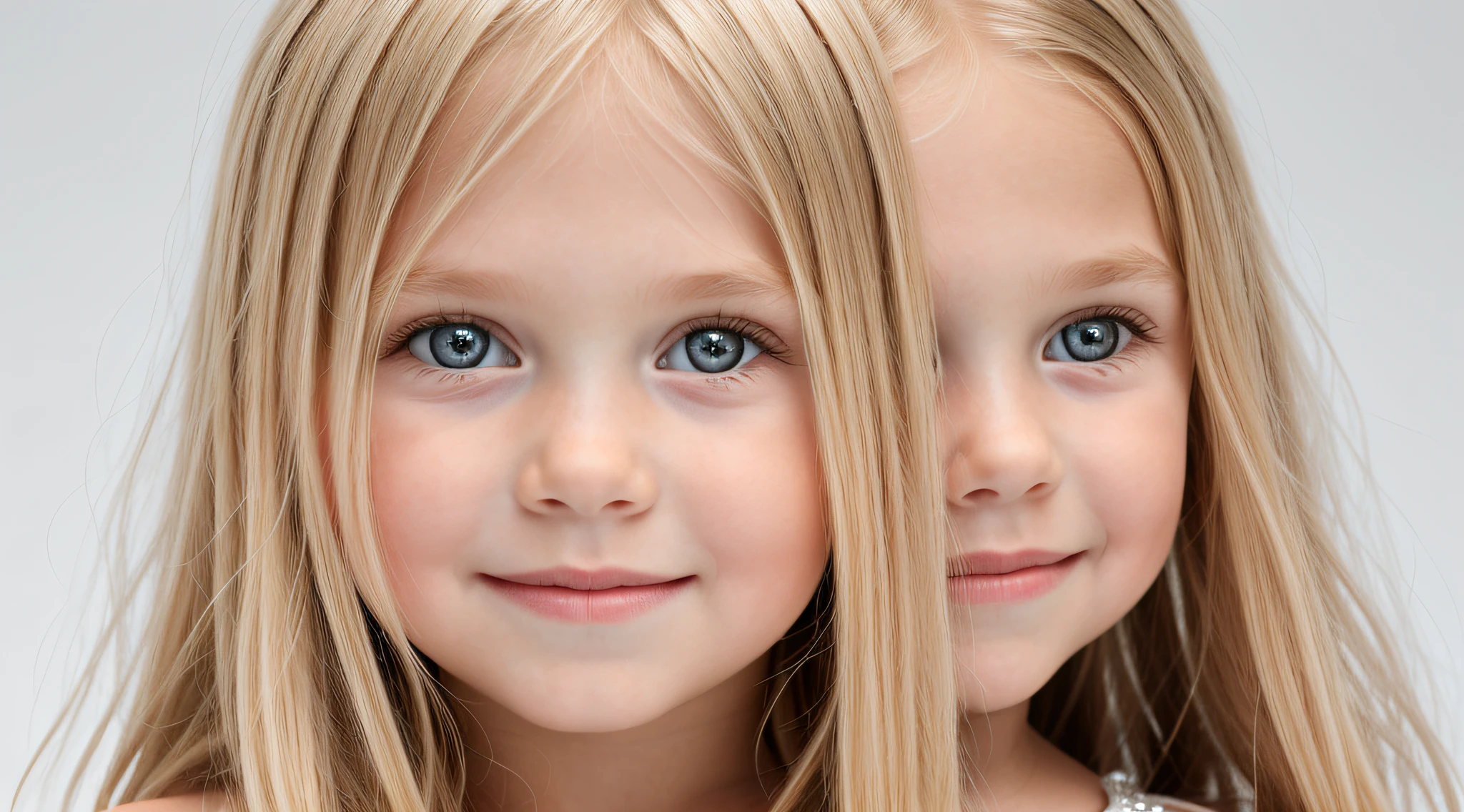 close-up CHILDREN BLONDE GIRL WITH LONG HAIR, em um fundo branco., usando um vestido prateado, vestido prateado e halo em chamas, Studio photo session, fundo branco.