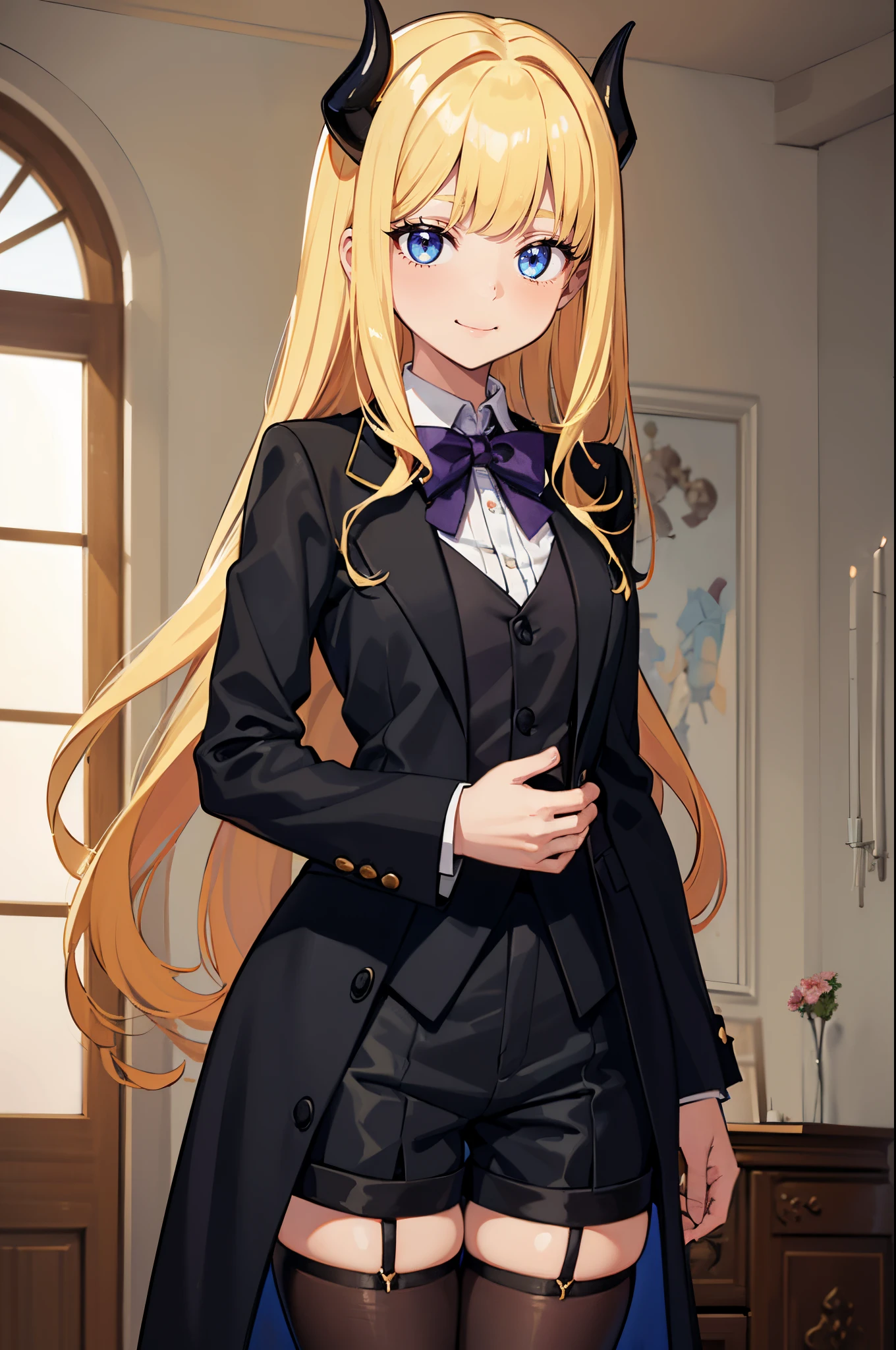 masterpiece,best quality, solo, 1 girl, female figure, yellow hair, hime cut, blunt bangs, extra long hair, crystal blue eyes, sharp detailed eyes, white pantyhose, long sleeves, boy shorts, indoors, golden blonde hair, shy smile, black ouji clothes, cowboy shot, voluminous hair, wavy hair, cute girl, (medium small breasts), (young female body: 1.4), ouji fashion, long boy shorts, black ouji style clothes, black shorts, black ouji style uniform, black butler style clothes, boy shorts, standing in front of a mansion, butler tailcoat, Fairy Tail anime style, cinched waist, devil horns, purple bowtie, boy shorts