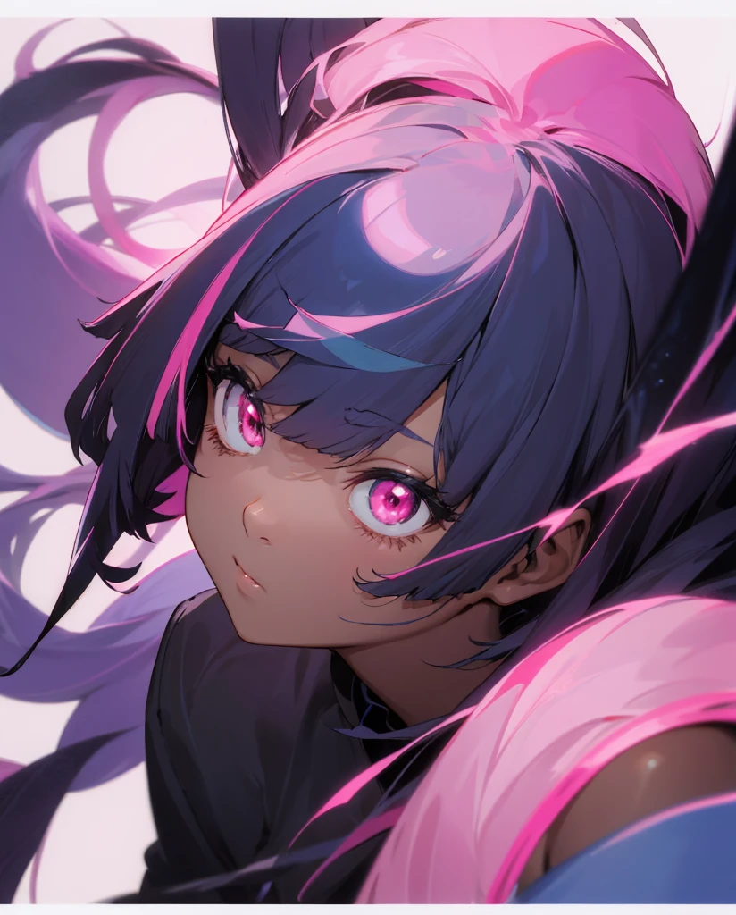 Black skin anime girl with、No background、without background、Background through、Long hair、light blue left side hair、putple right side hair, pink bangs, Pink eyes、kawaii、black skin
