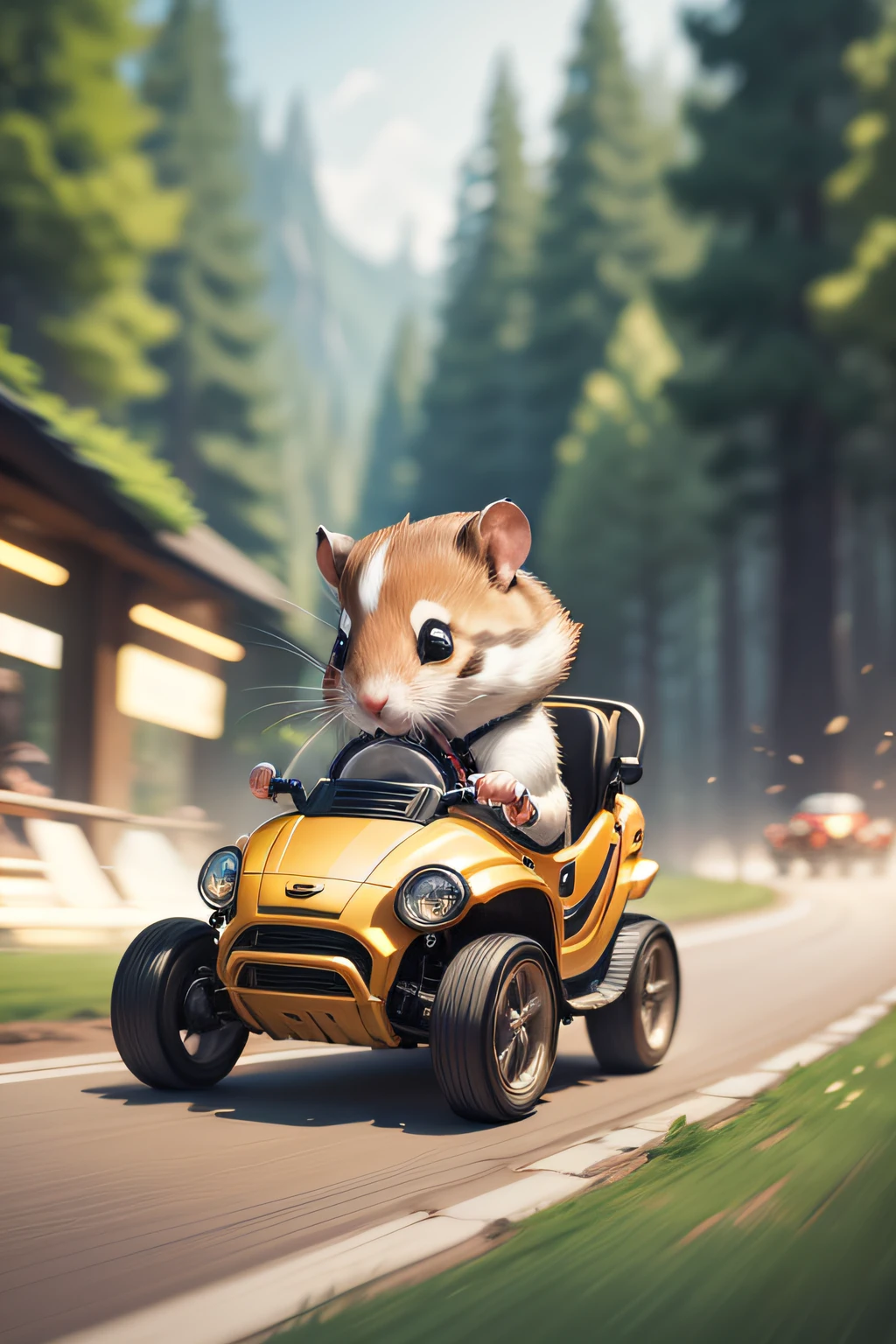 hamster adventurer, Adventurer's Costume, A hamster that looks happy riding a racing cart, (Motion Blur:1.3), (best composition), (masutepiece), (Best Quality), (ultra high detail)