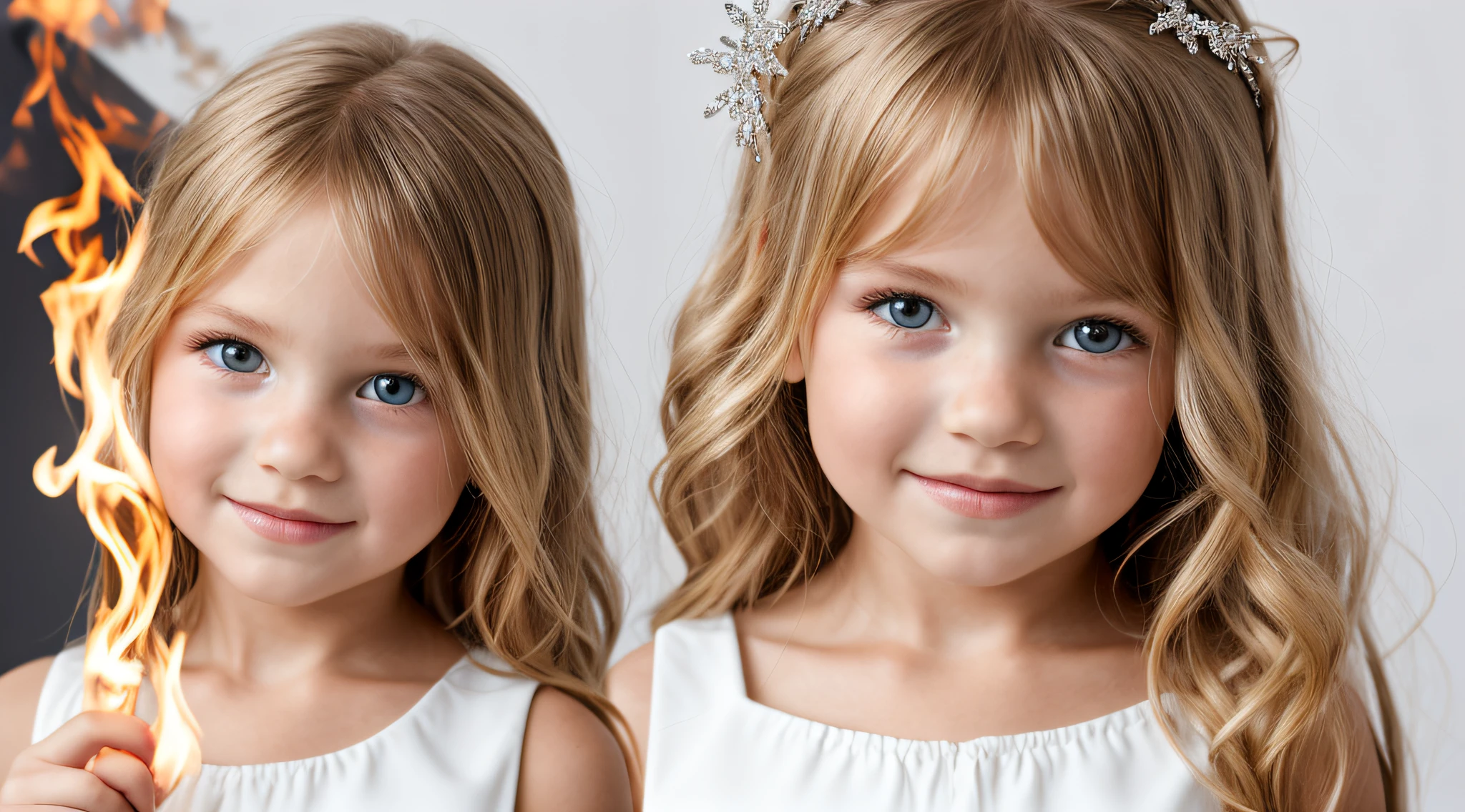 close-up CHILDREN BLONDE GIRL WITH LONG HAIR, em um fundo branco., usando um vestido prateado, vestido prateado e halo em chamas, Studio photo session, fundo branco.